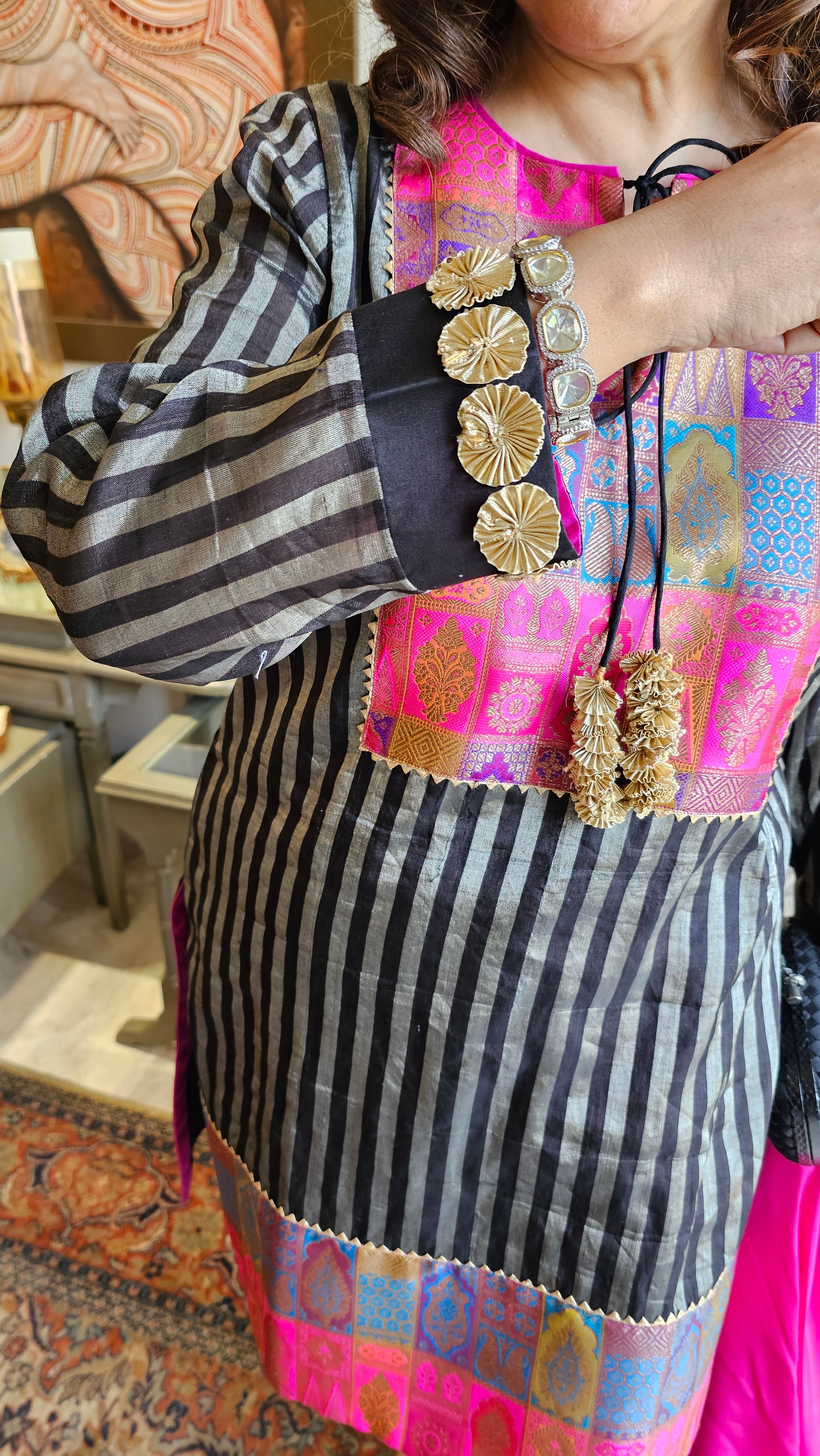 Stunning Beautiful Tissue Banarasi Kurta, Chanderi Bottom & Satin Scarf Trimmed With Gota Kinari
