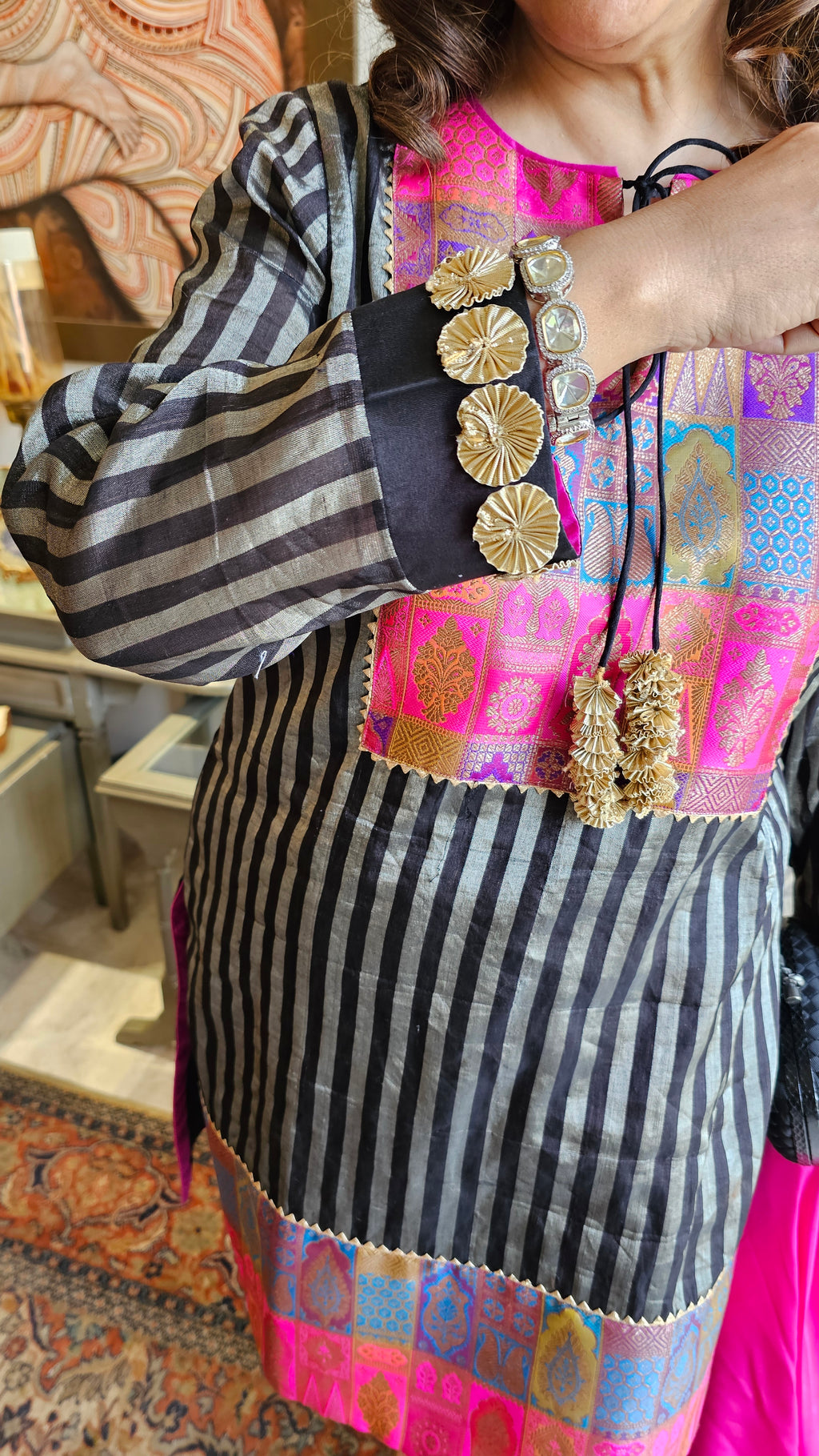 Stunning Beautiful Tissue Banarasi Kurta, Chanderi Bottom & Satin Scarf Trimmed With Gota Kinari