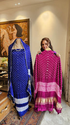 Beautiful Dola Silk Tie & Dye Suit with Zari Work Dupatta