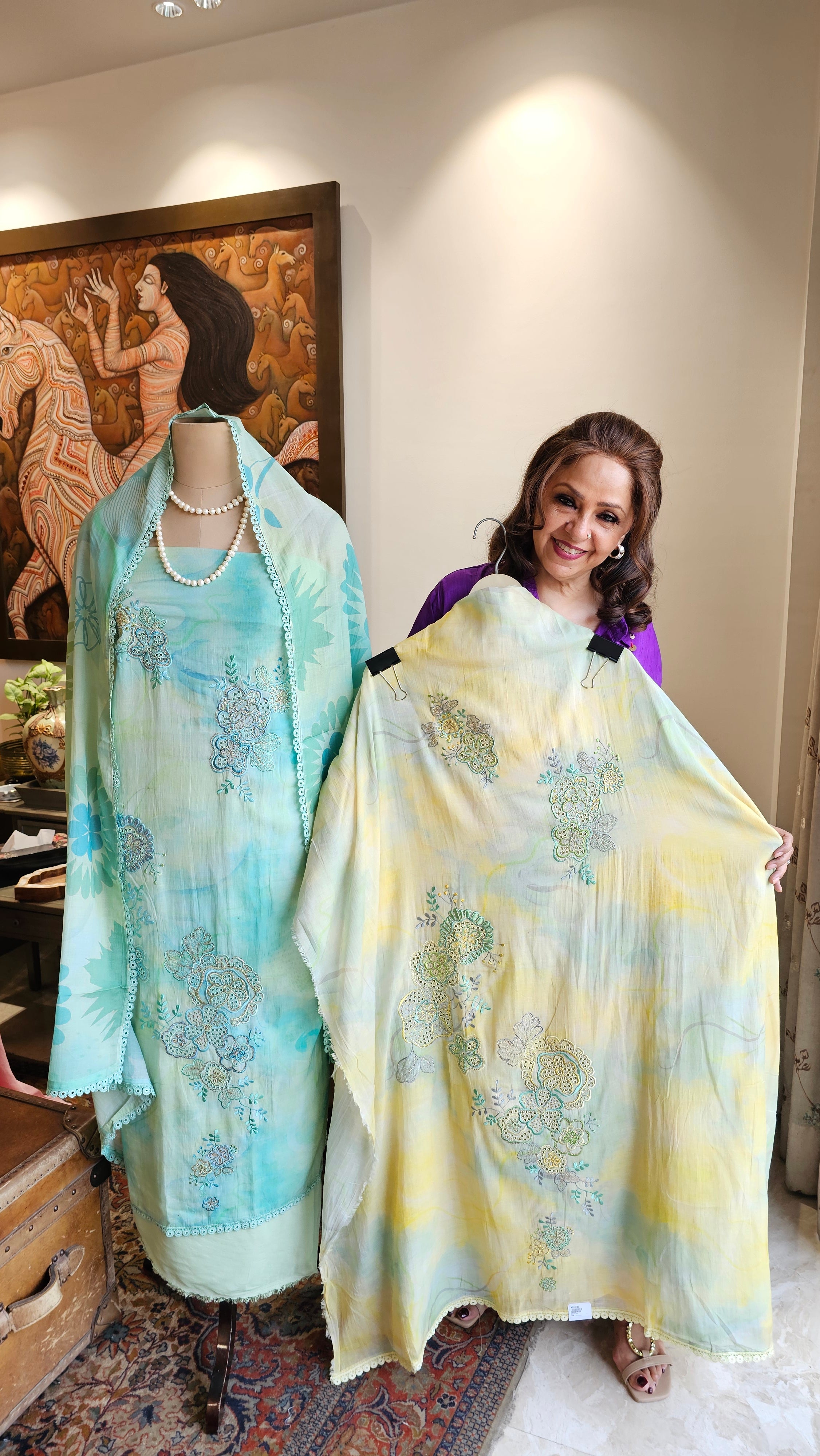 Beautiful Tie & Dye Cotton Suit with Chikan Work Embroidery & Siroski Work