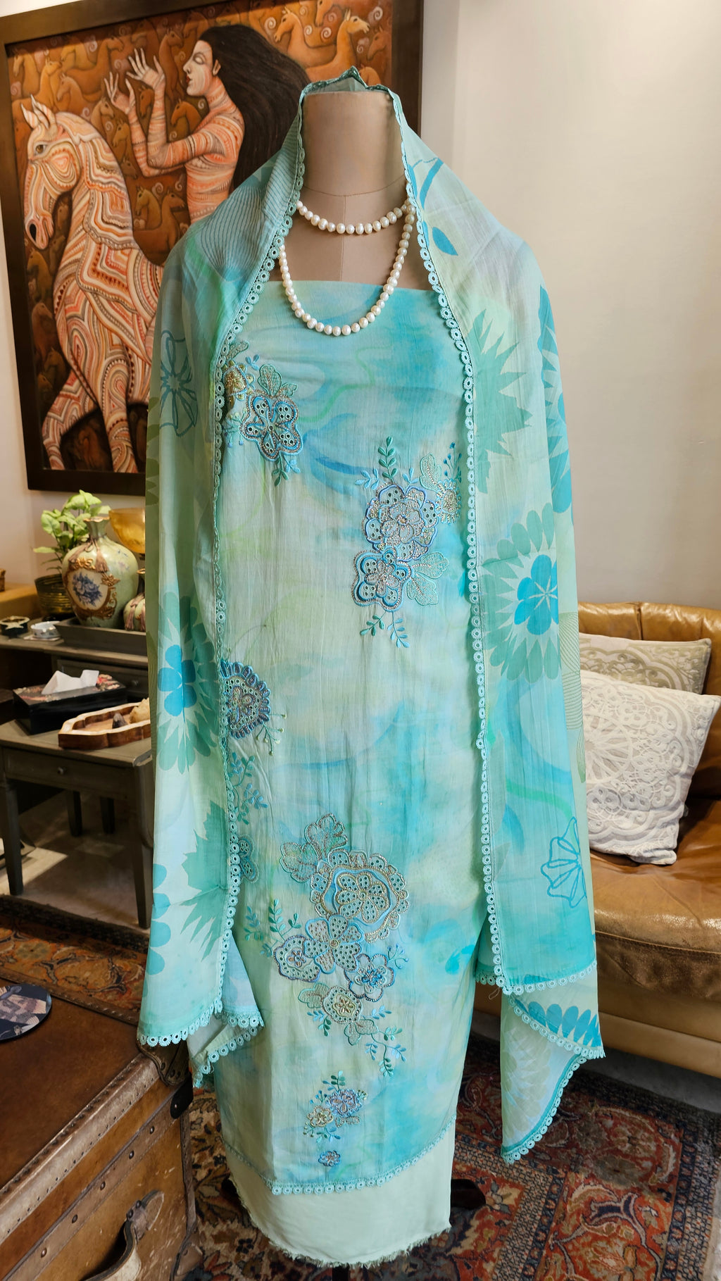 Beautiful Tie & Dye Cotton Suit with Chikan Work Embroidery & Siroski Work