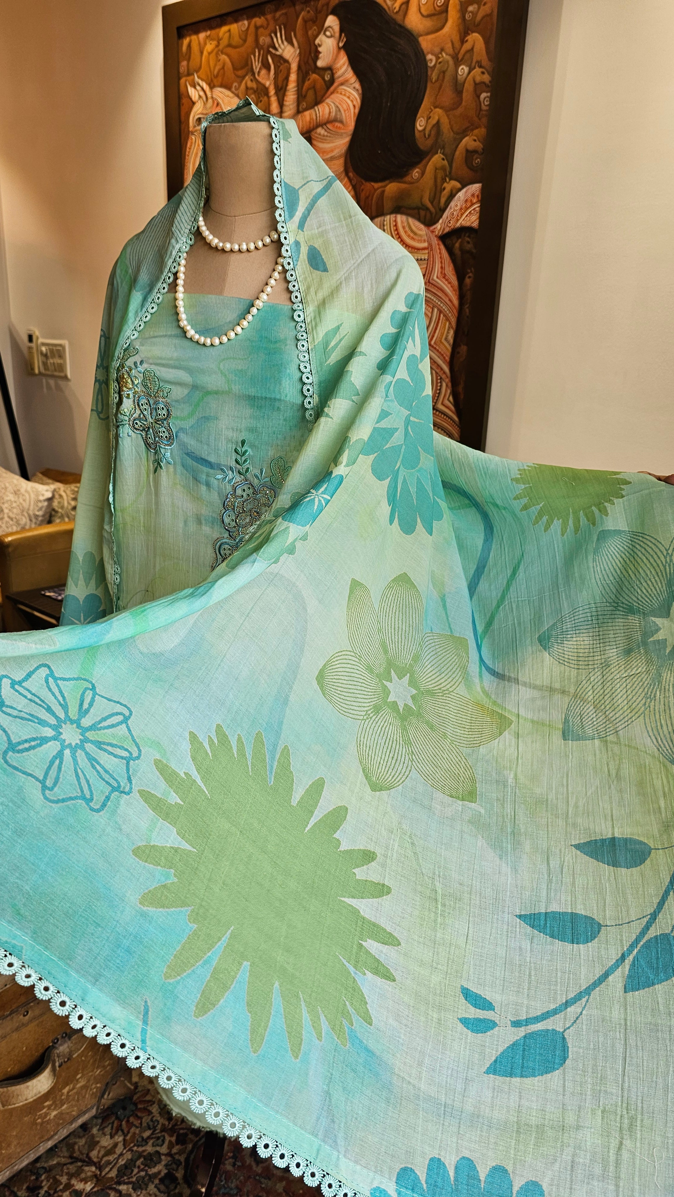 Beautiful Tie & Dye Cotton Suit with Chikan Work Embroidery & Siroski Work