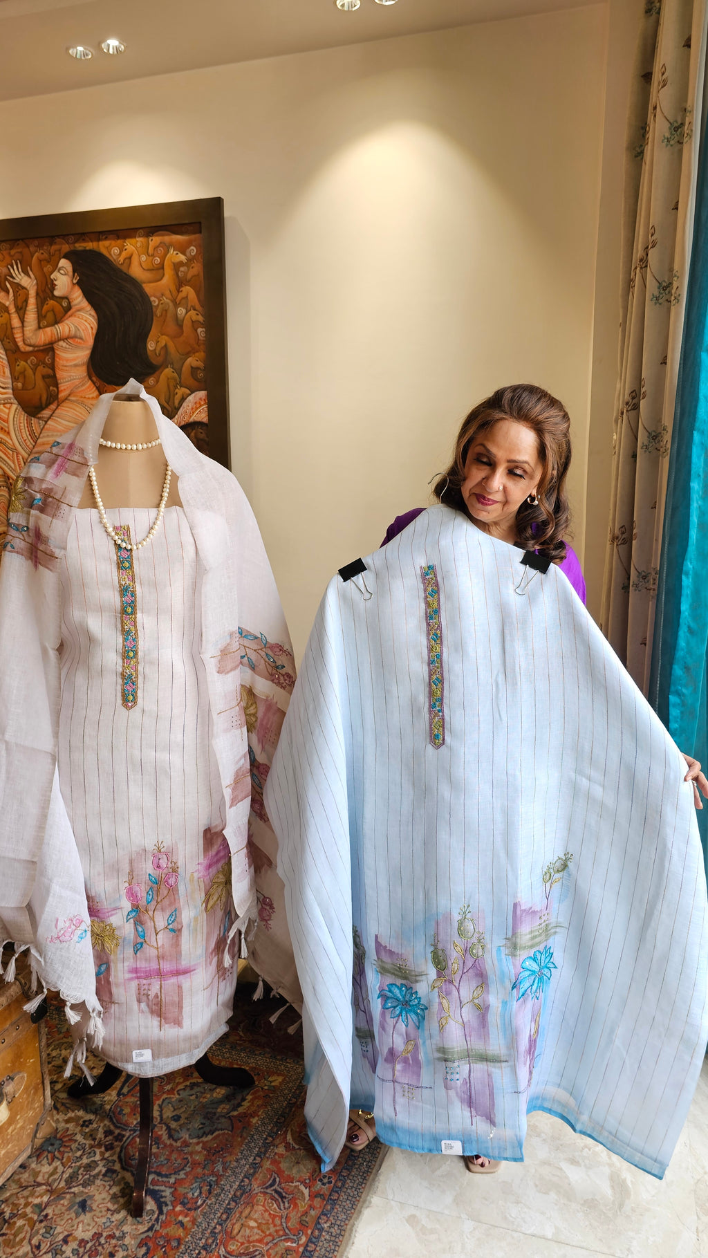 Beautiful Linen Suit with Hand Print & Embroidery Work