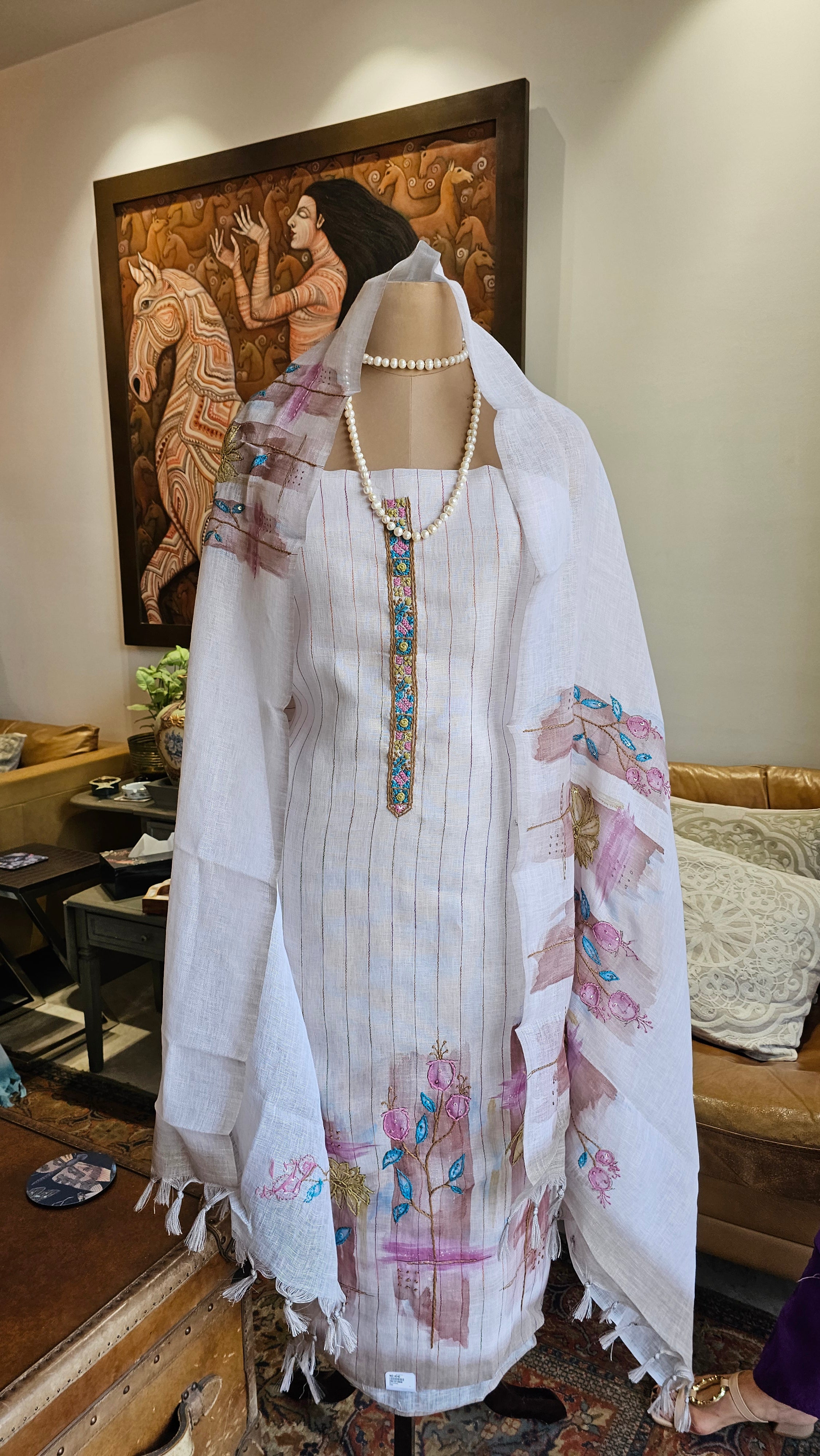 Beautiful Linen Suit with Hand Print & Embroidery Work