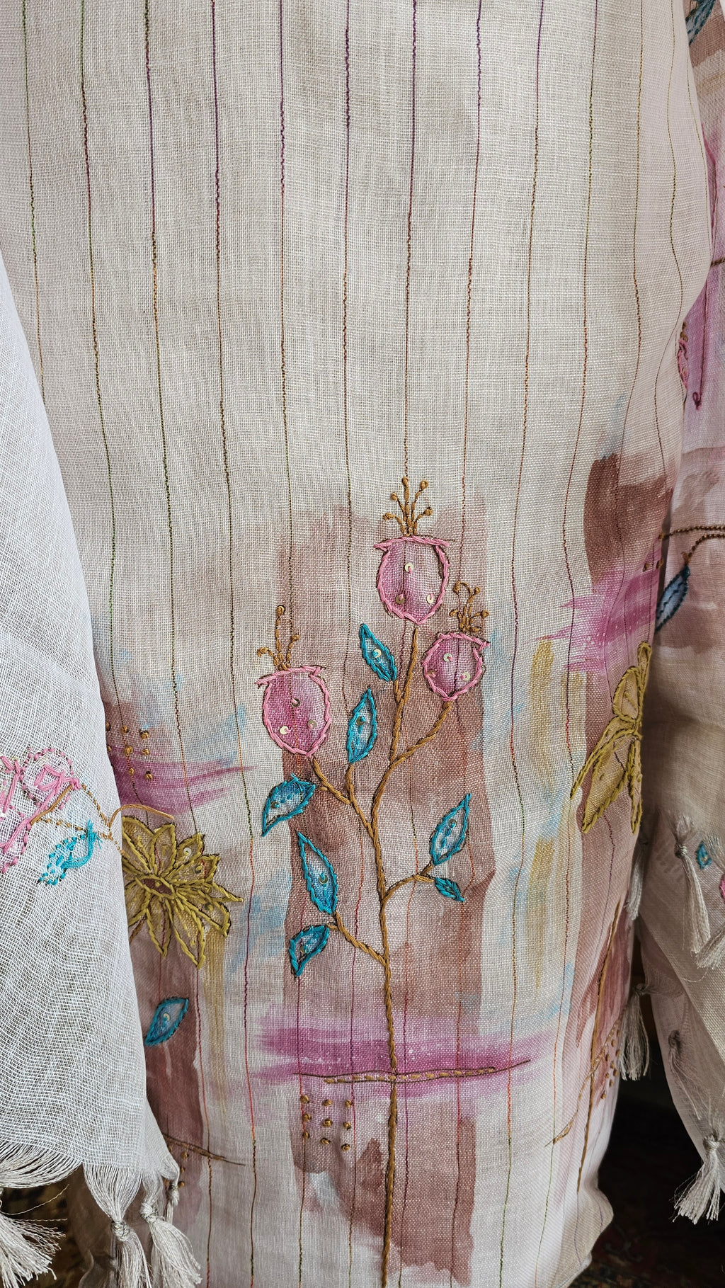 Beautiful Linen Suit with Hand Print & Embroidery Work