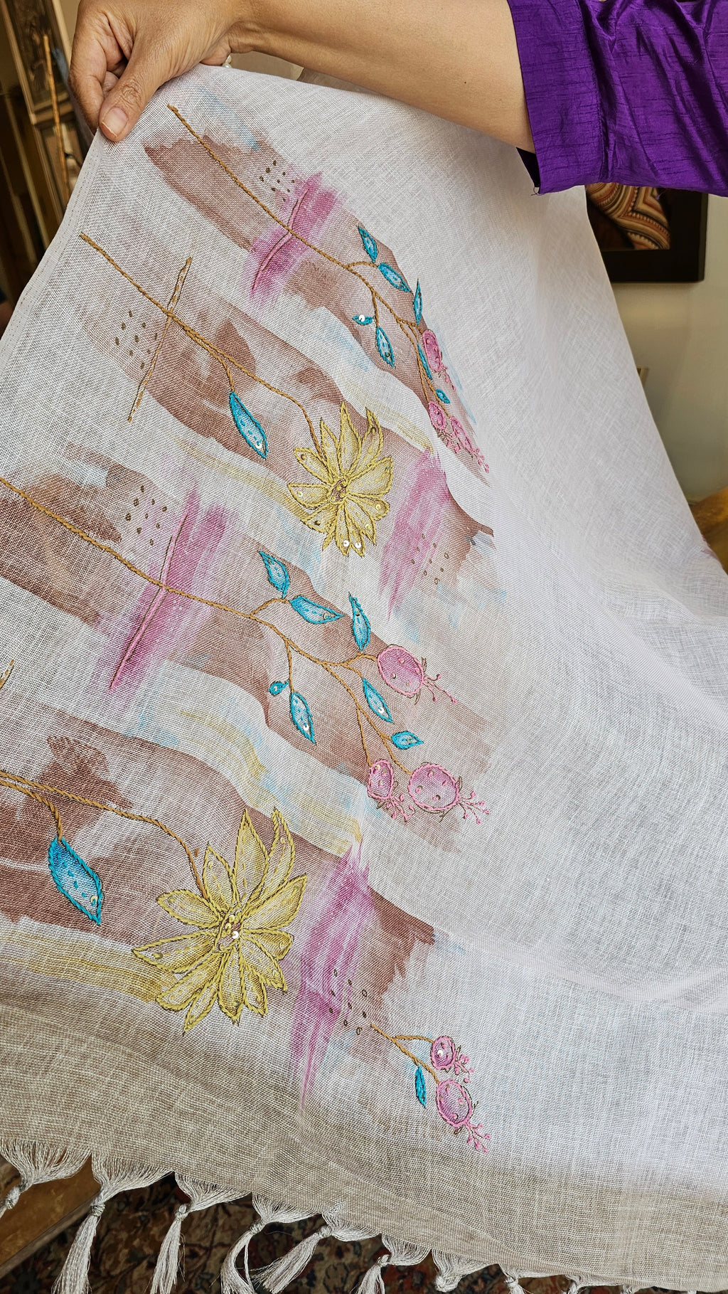 Beautiful Linen Suit with Hand Print & Embroidery Work