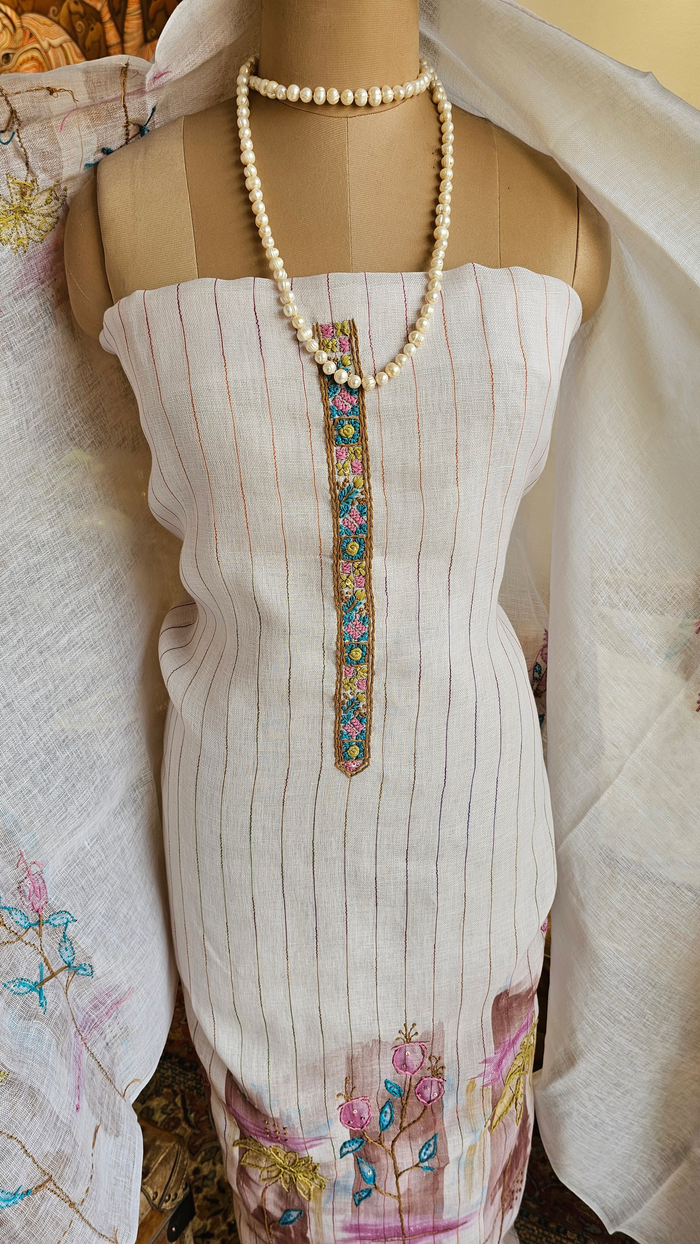 Beautiful Linen Suit with Hand Print & Embroidery Work