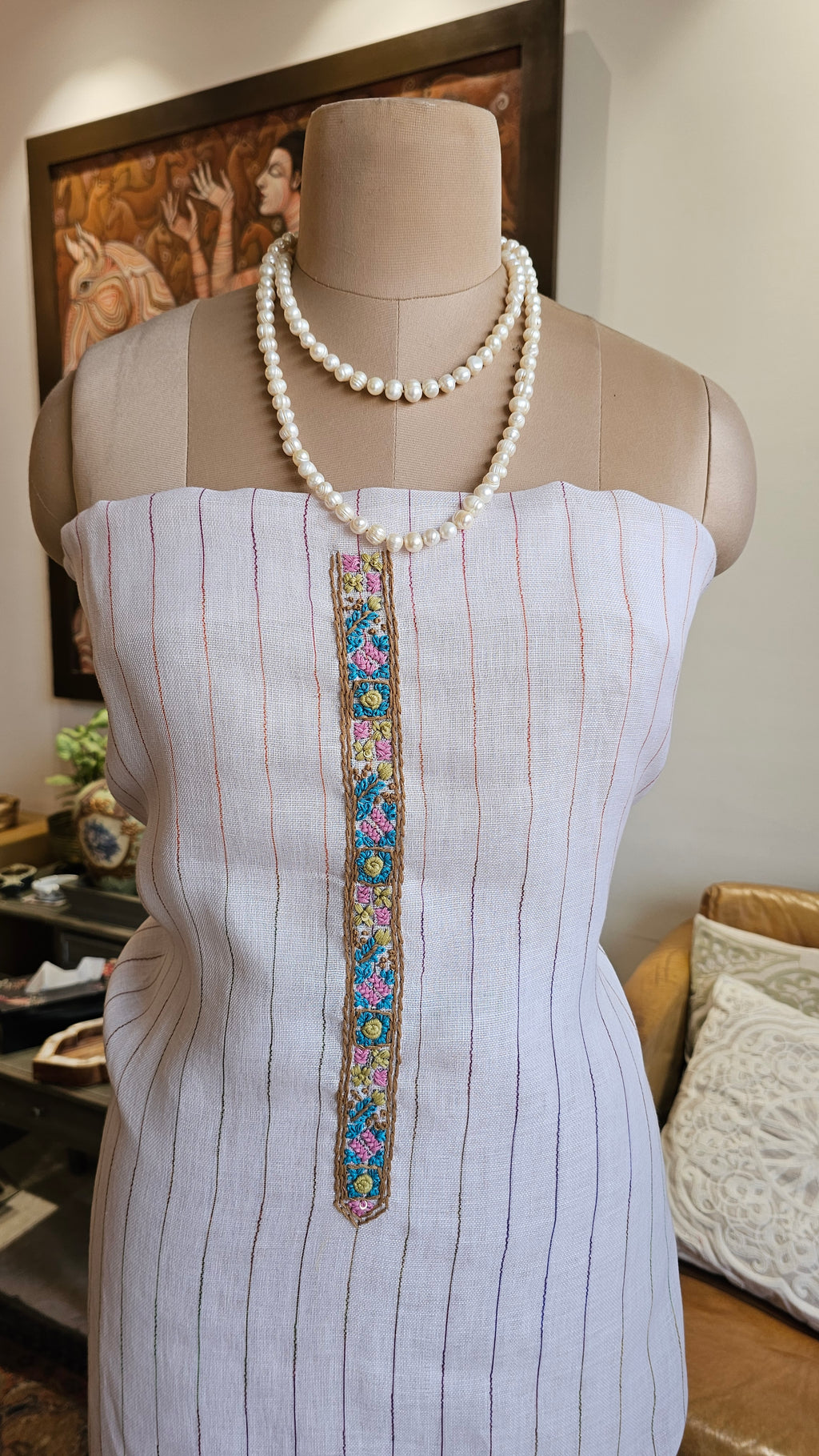 Beautiful Linen Suit with Hand Print & Embroidery Work