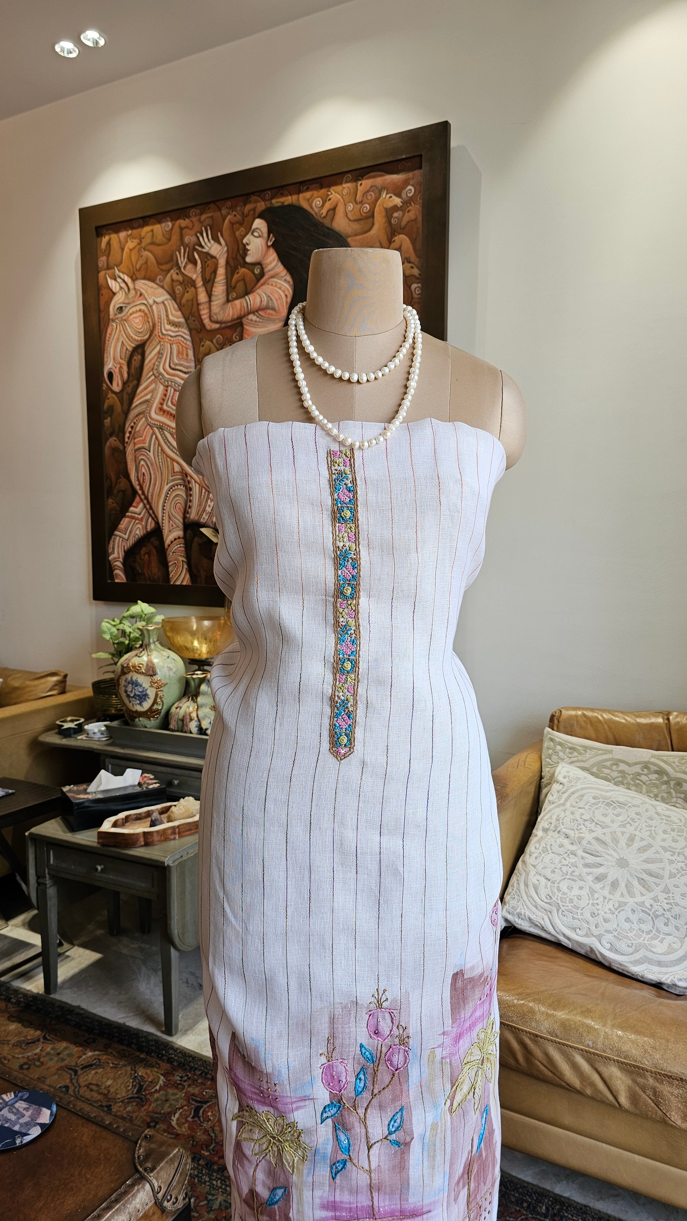 Beautiful Linen Suit with Hand Print & Embroidery Work