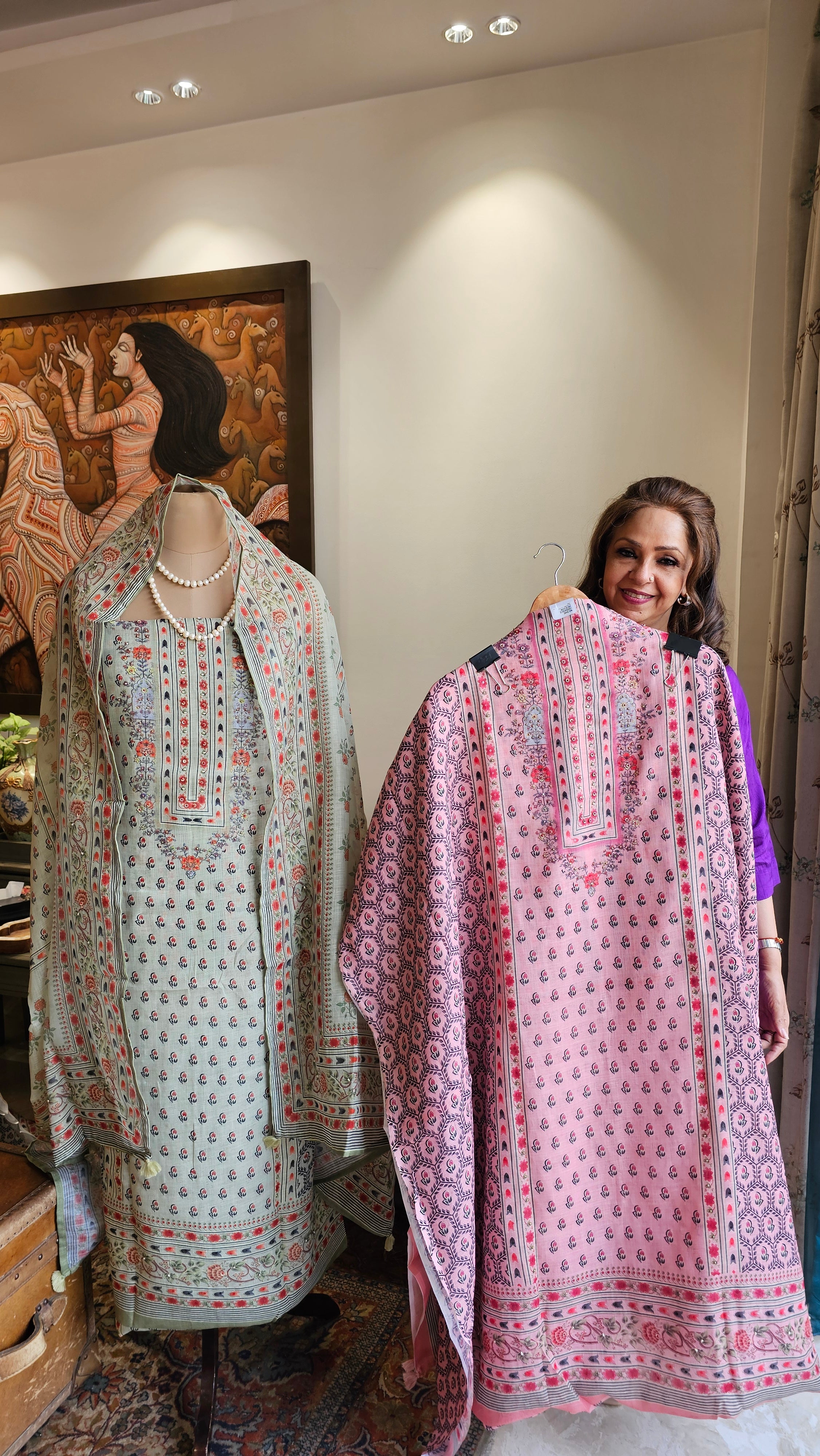 Beautiful Digital Printed Linen Suit with Pearl Embroidery