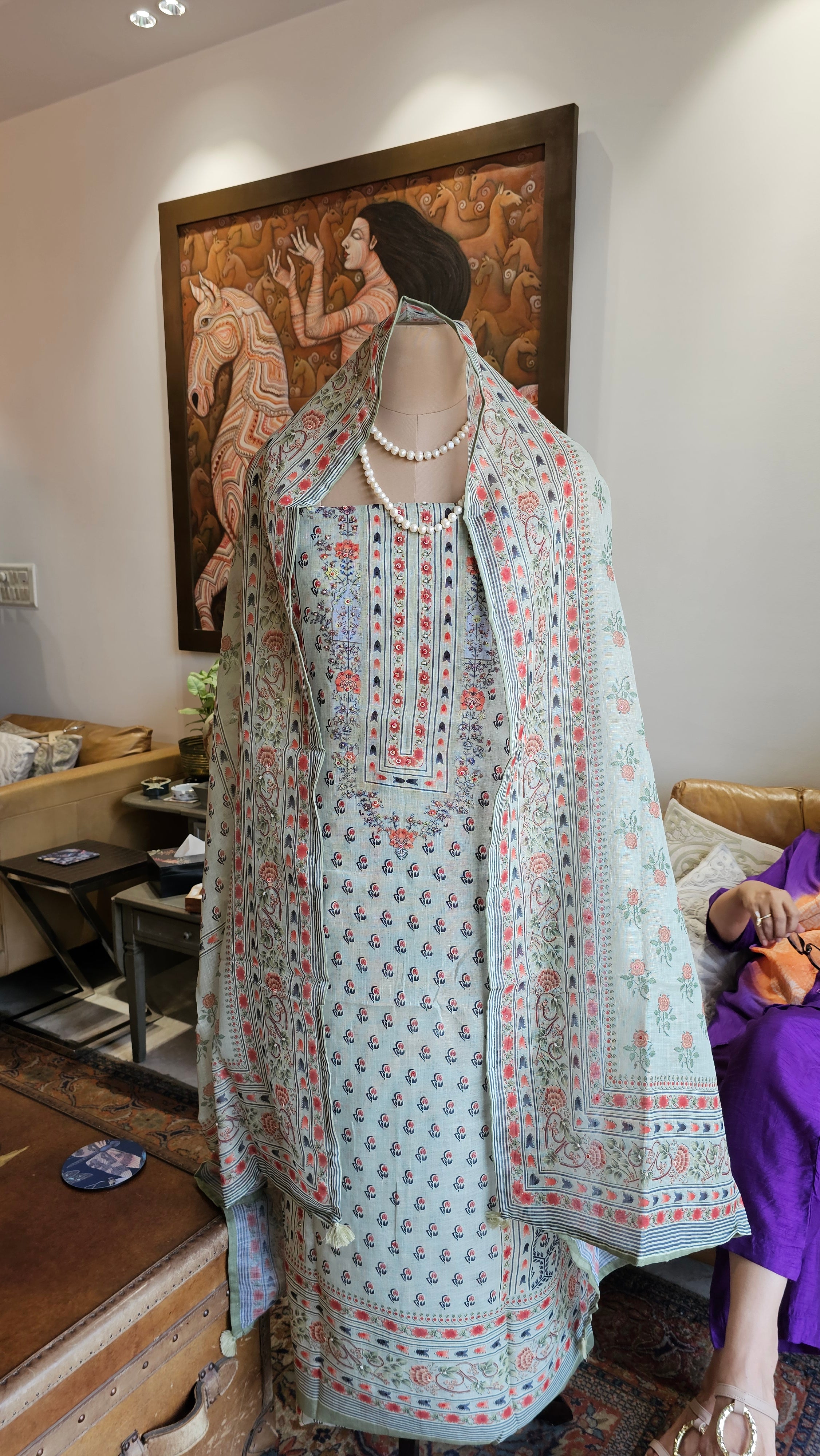 Beautiful Digital Printed Linen Suit with Pearl Embroidery