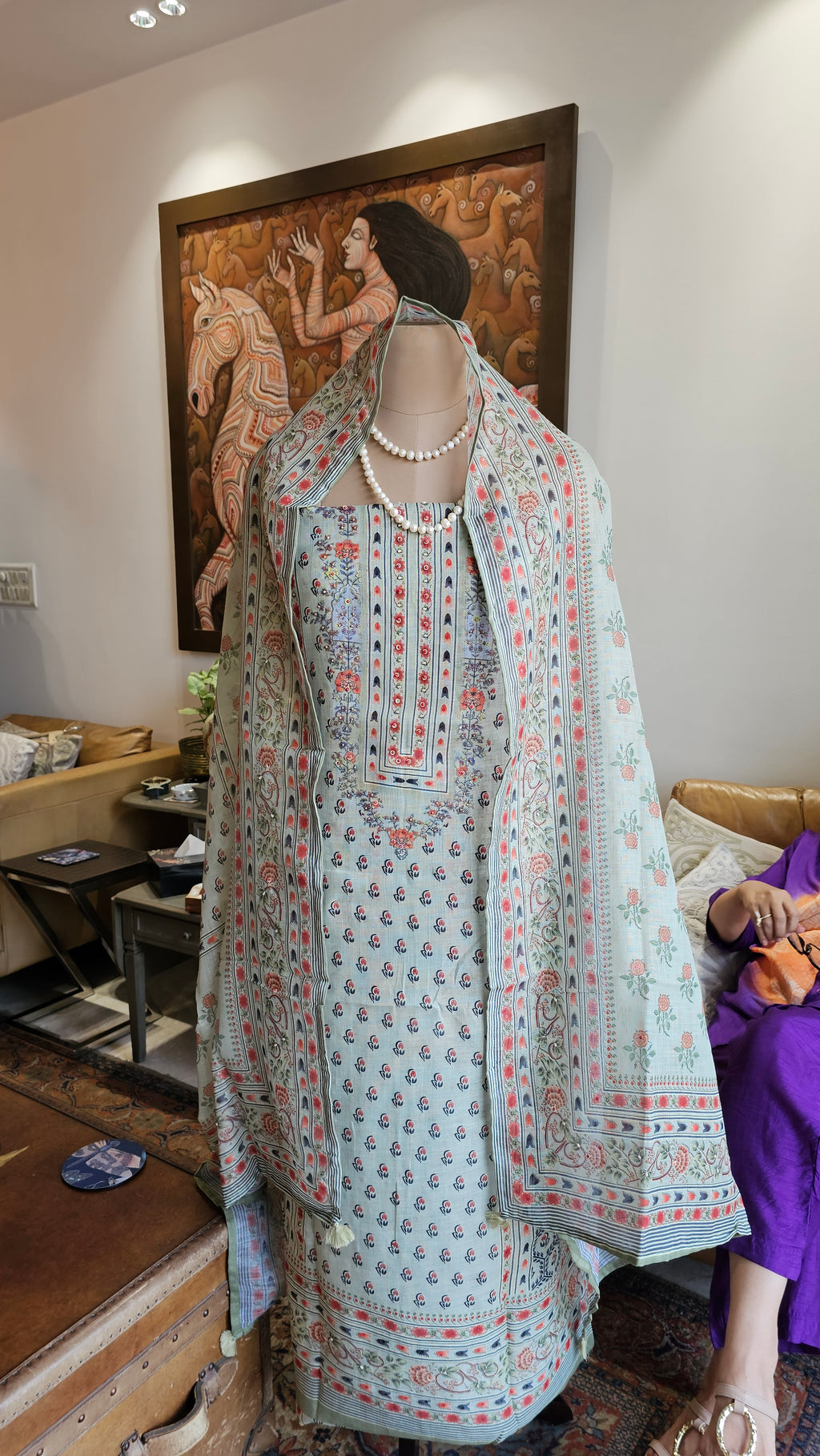 Beautiful Digital Printed Linen Suit with Pearl Embroidery