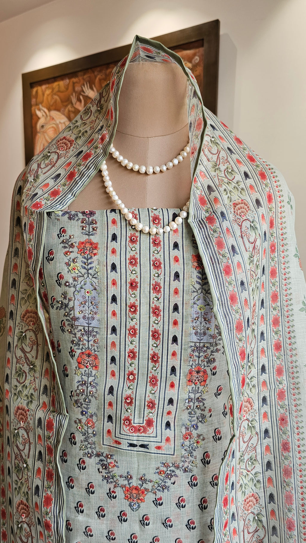 Beautiful Digital Printed Linen Suit with Pearl Embroidery