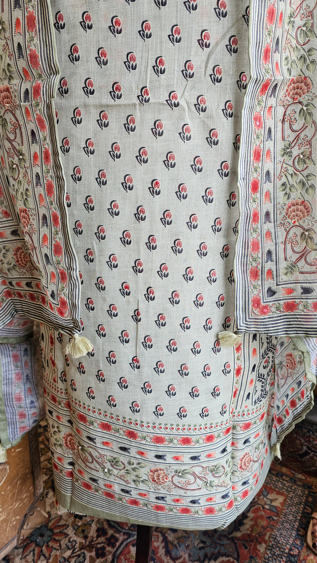 Beautiful Digital Printed Linen Suit with Pearl Embroidery