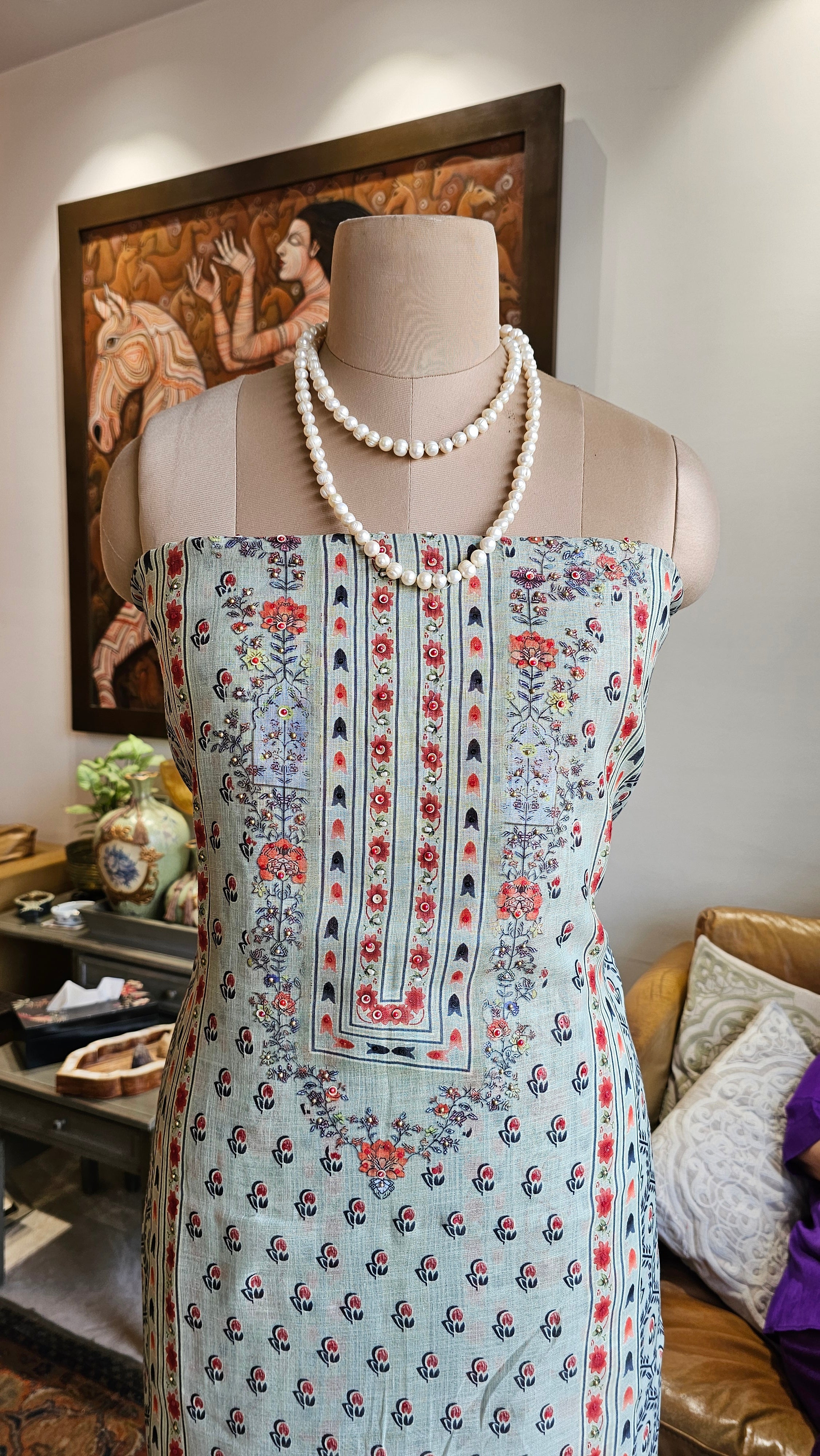 Beautiful Digital Printed Linen Suit with Pearl Embroidery