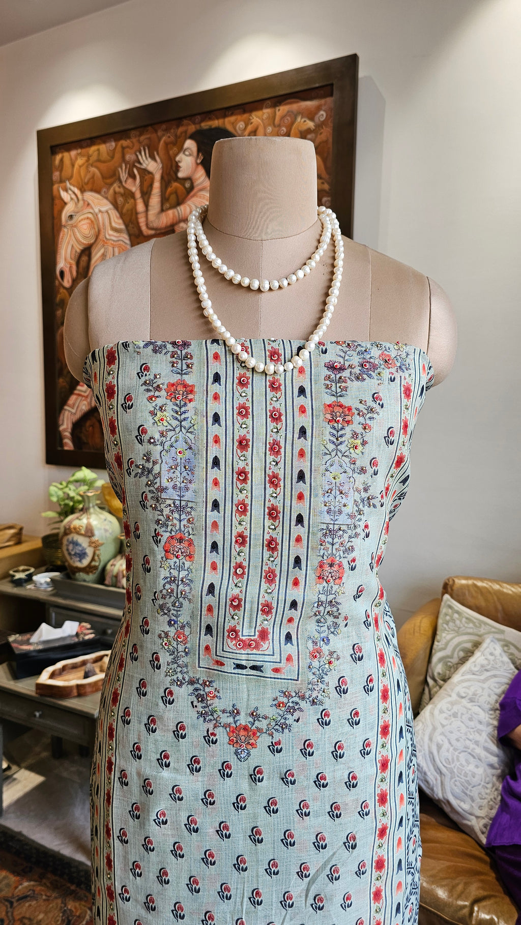 Beautiful Digital Printed Linen Suit with Pearl Embroidery