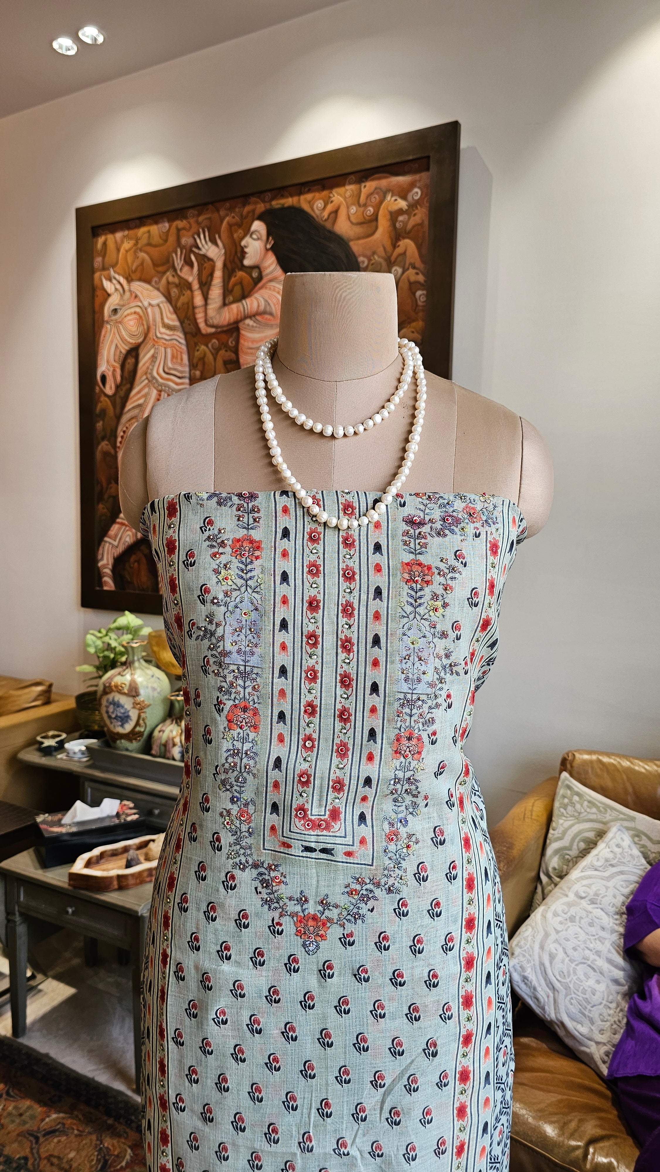 Beautiful Digital Printed Linen Suit with Pearl Embroidery