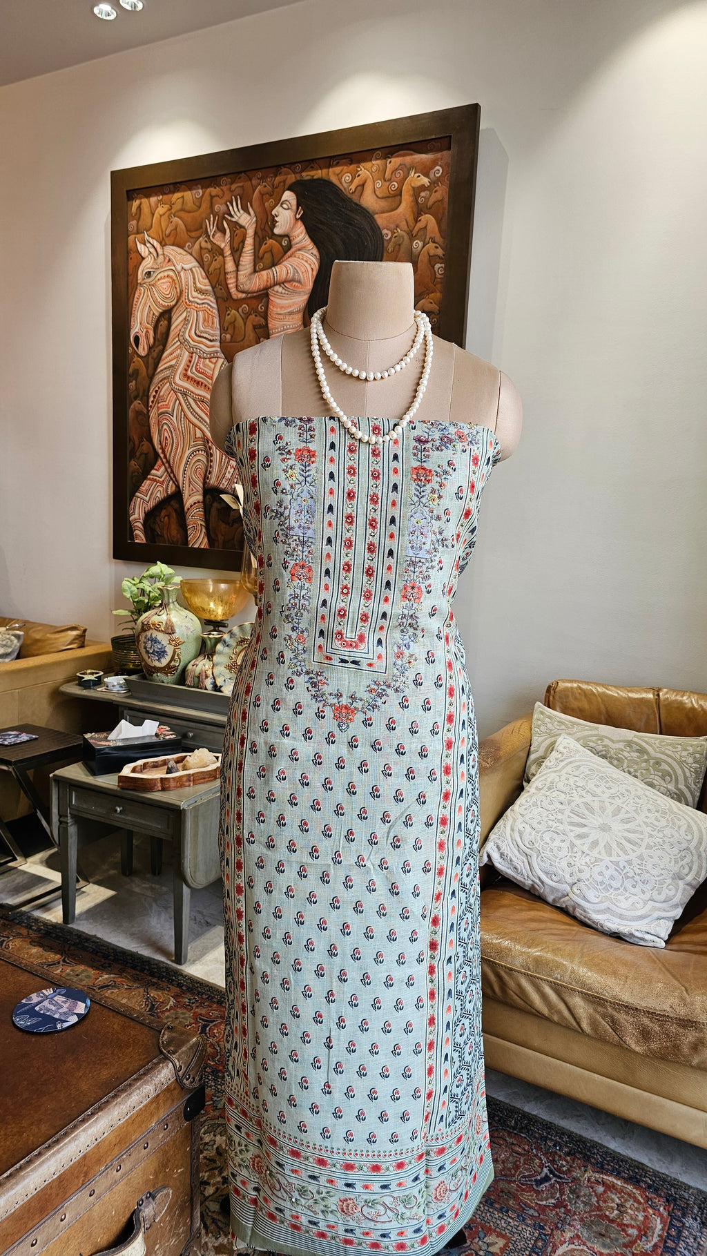 Beautiful Digital Printed Linen Suit with Pearl Embroidery