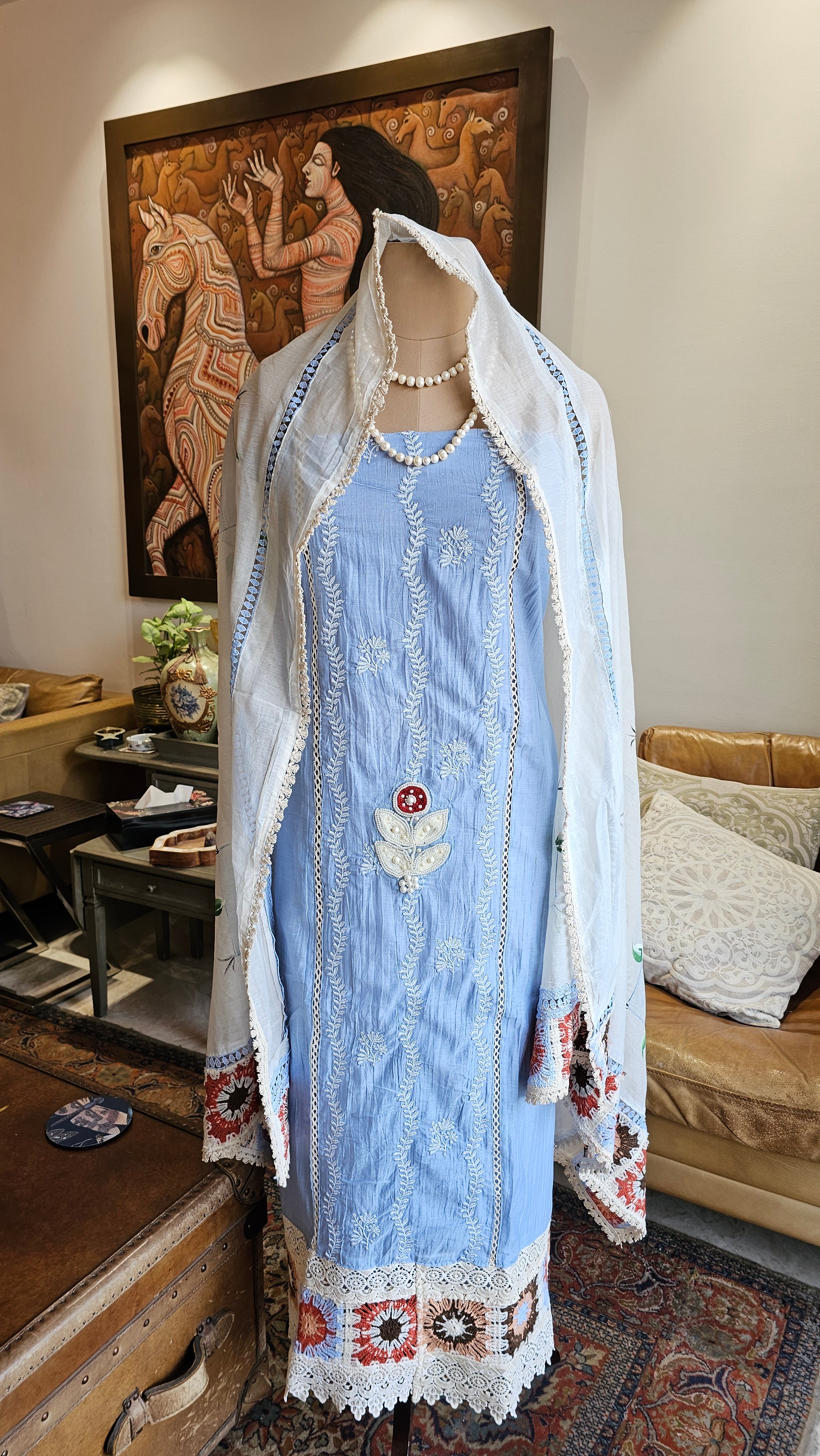 Beautiful Mul Fabric suit with Hand, Crochet & Thread work