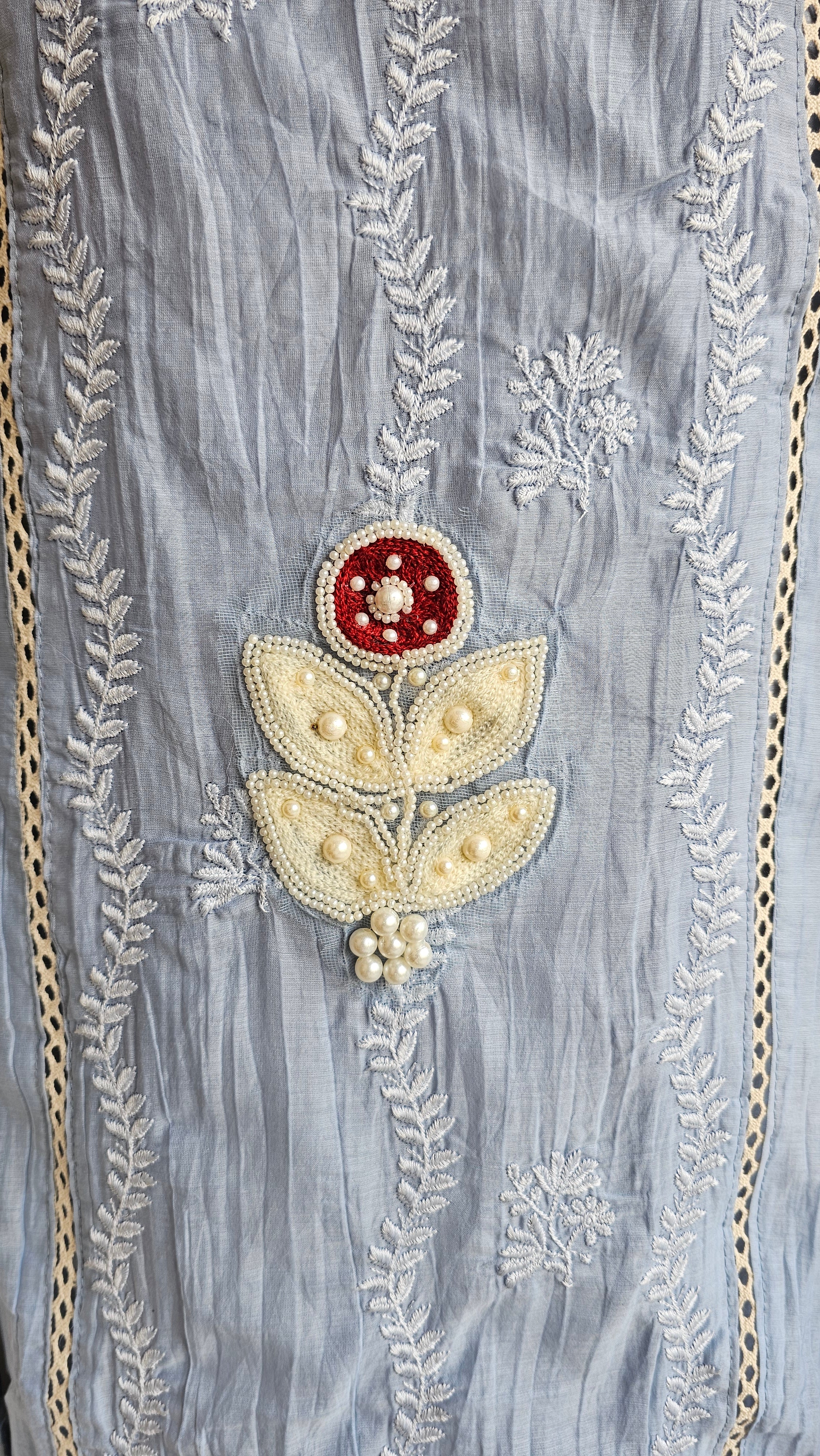 Beautiful Mul Fabric suit with Hand, Crochet & Thread work
