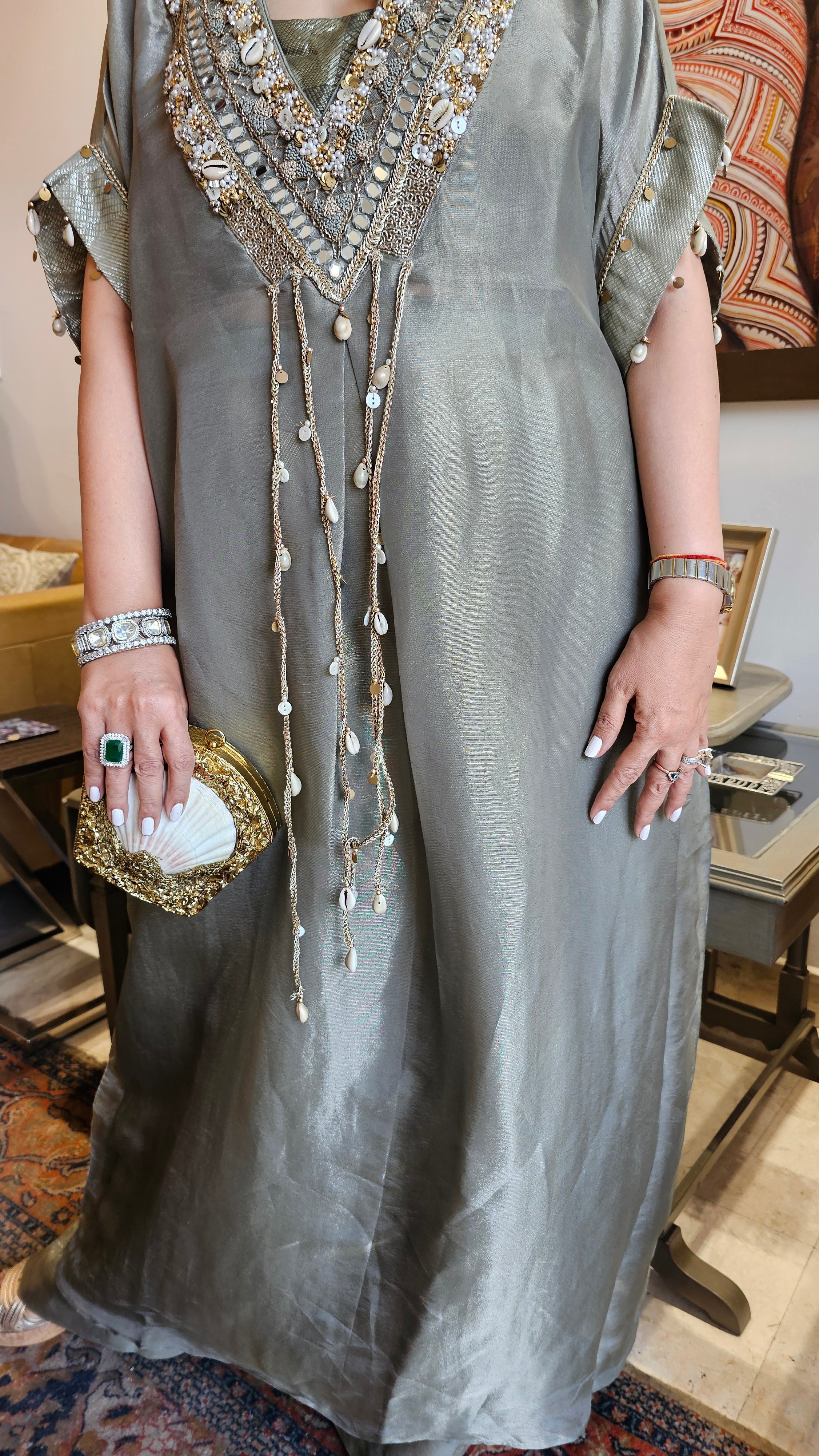 Beautiful Organza Top With Hand Embroidery & Mirror Work with Banarasi Tissue Bottom