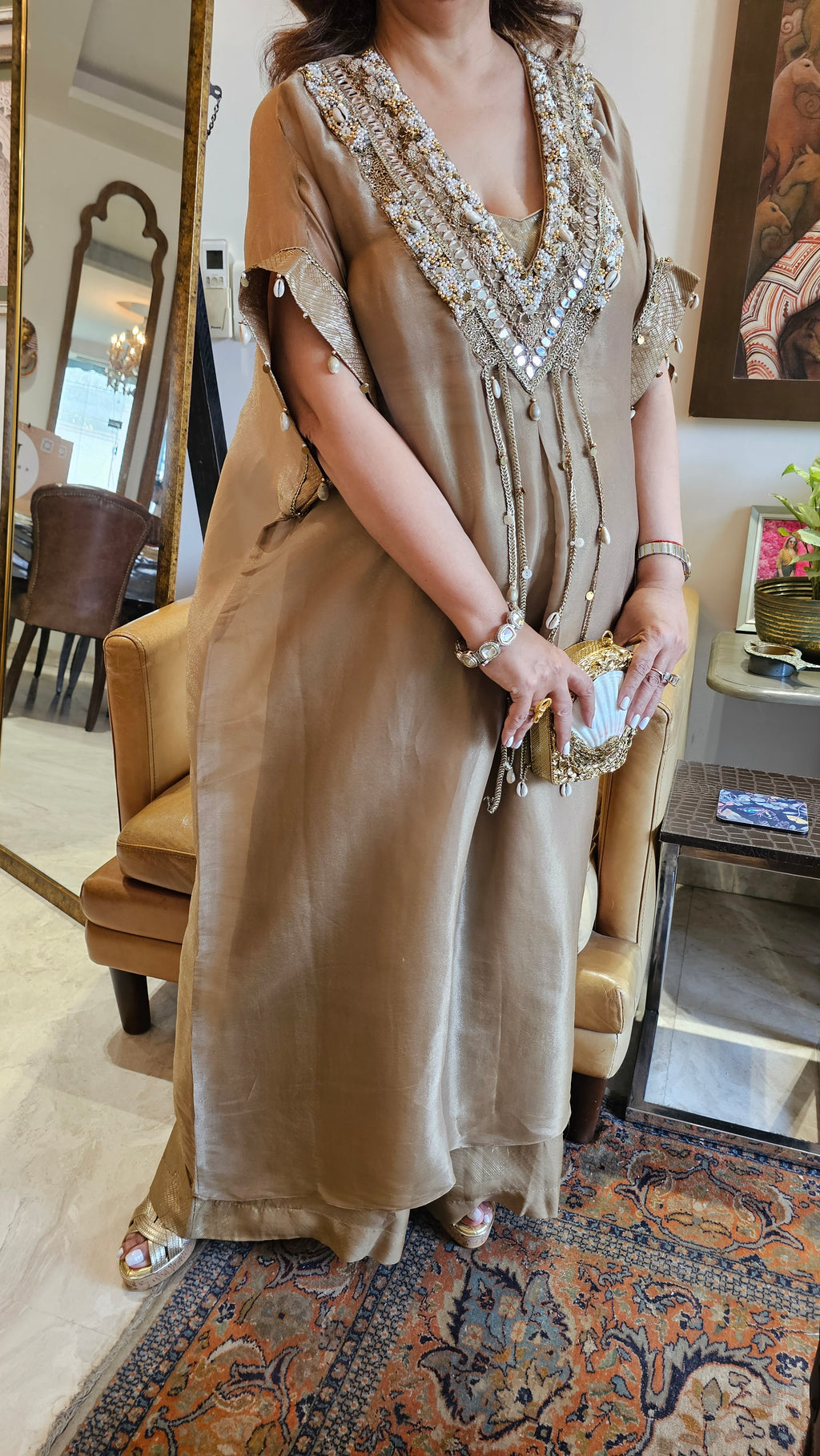 Beautiful Organza Top With Hand Embroidery & Mirror Work with Banarasi Tissue Bottom