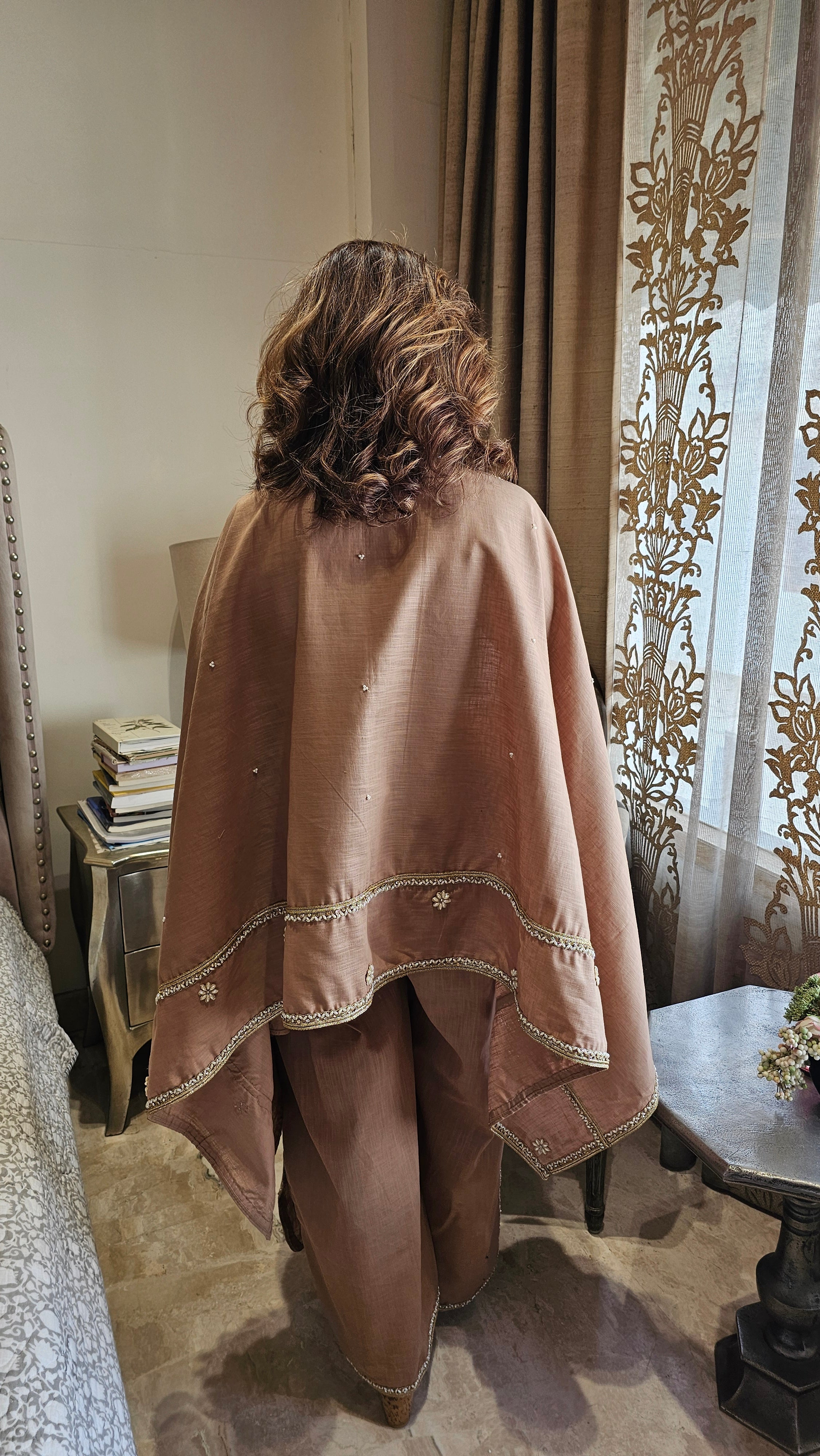Beautiful Linen Kaftan and Bottom with  Pearl, Swarovski & Zari Lace Work