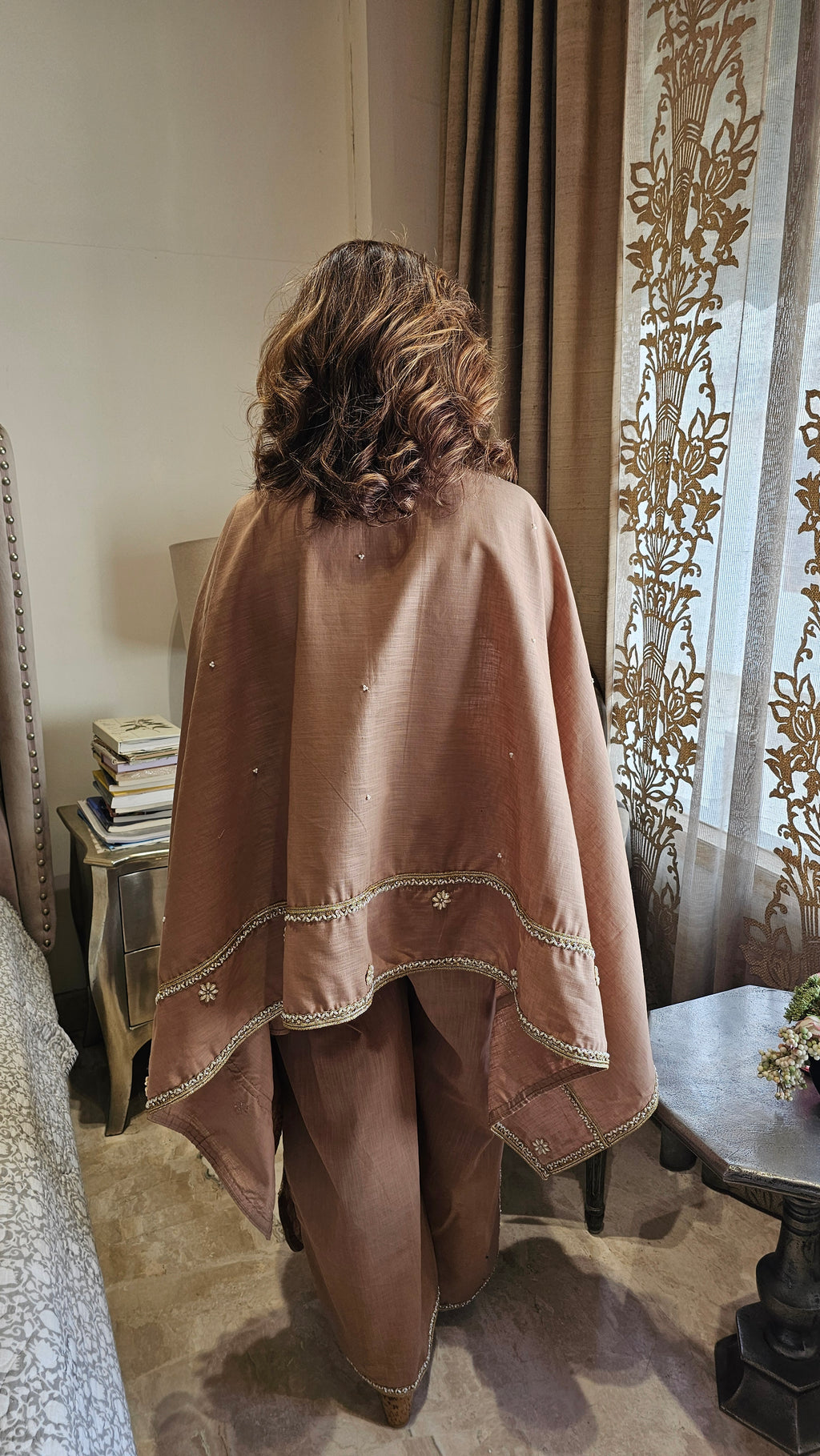 Beautiful Linen Kaftan and Bottom with  Pearl, Swarovski & Zari Lace Work