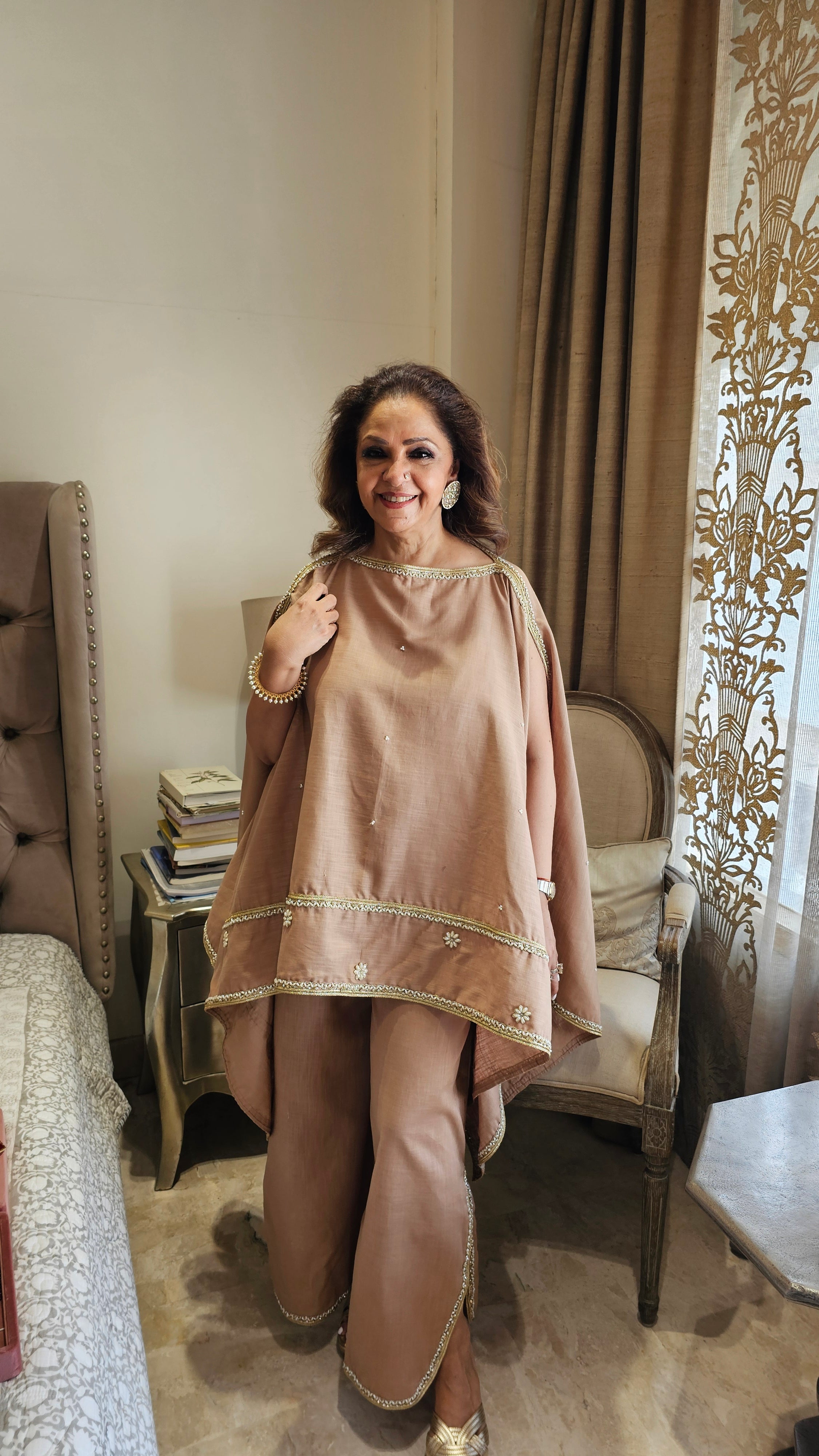Beautiful Linen Kaftan and Bottom with  Pearl, Swarovski & Zari Lace Work