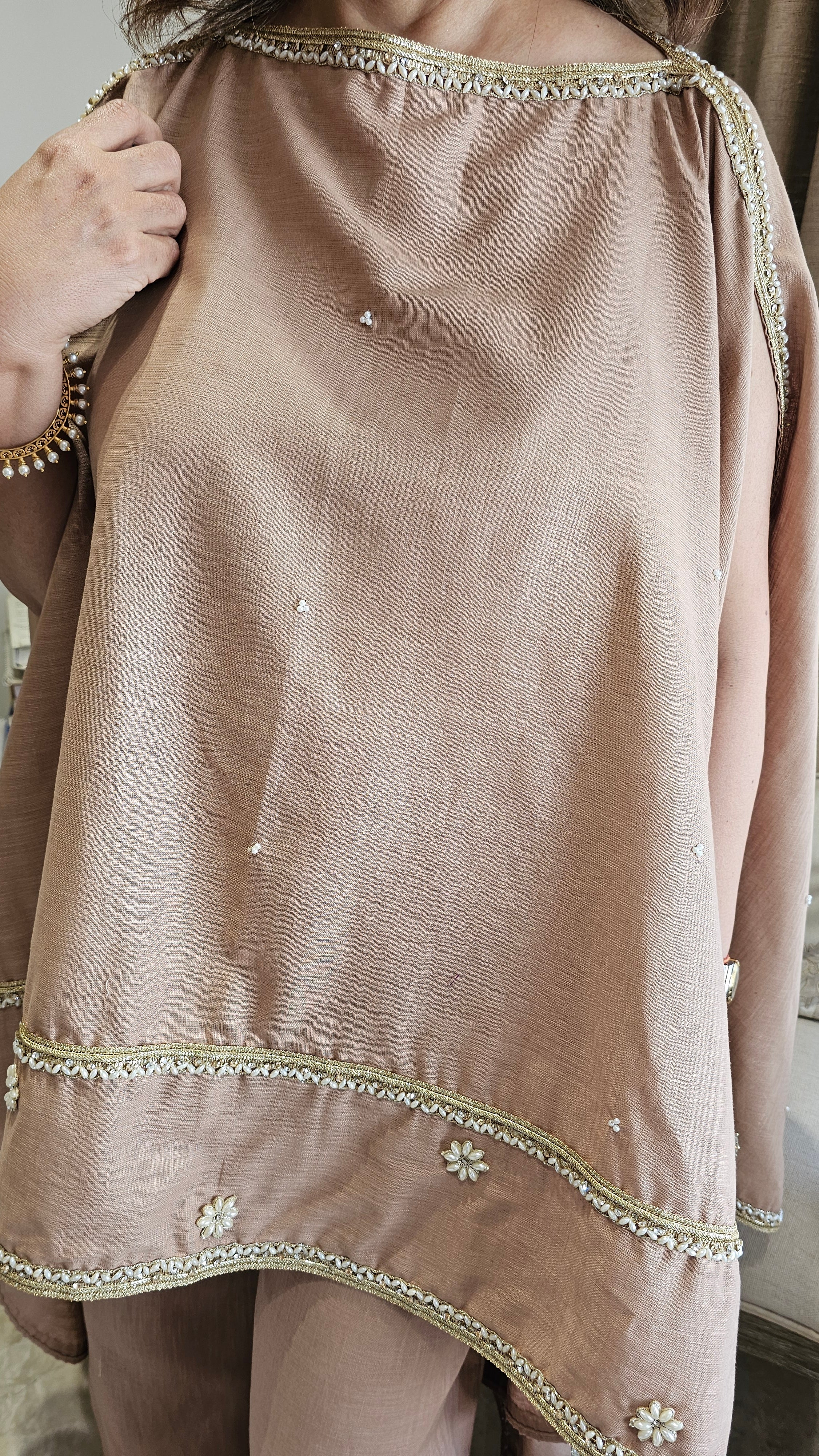 Beautiful Linen Kaftan and Bottom with  Pearl, Swarovski & Zari Lace Work