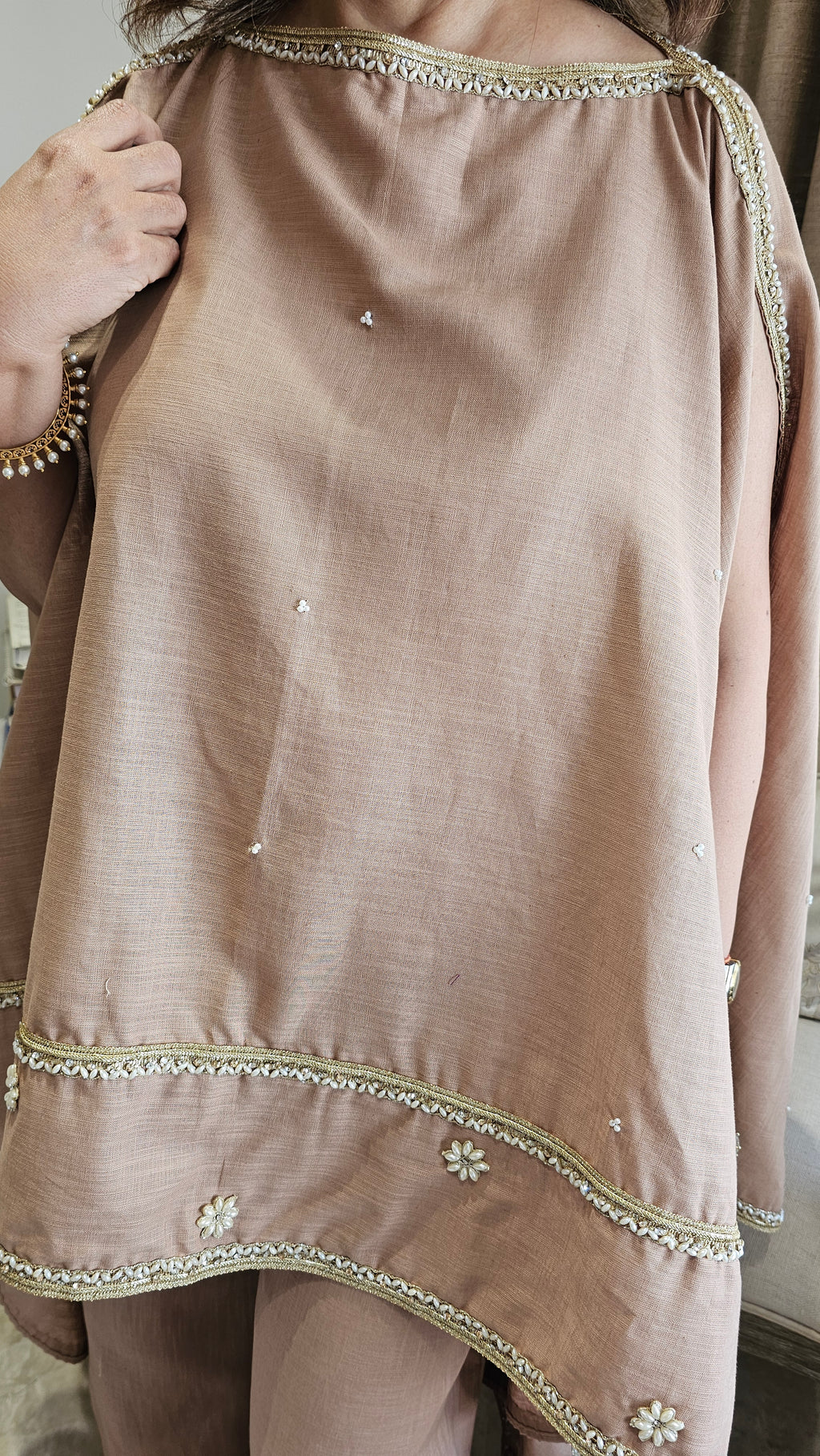 Beautiful Linen Kaftan and Bottom with  Pearl, Swarovski & Zari Lace Work