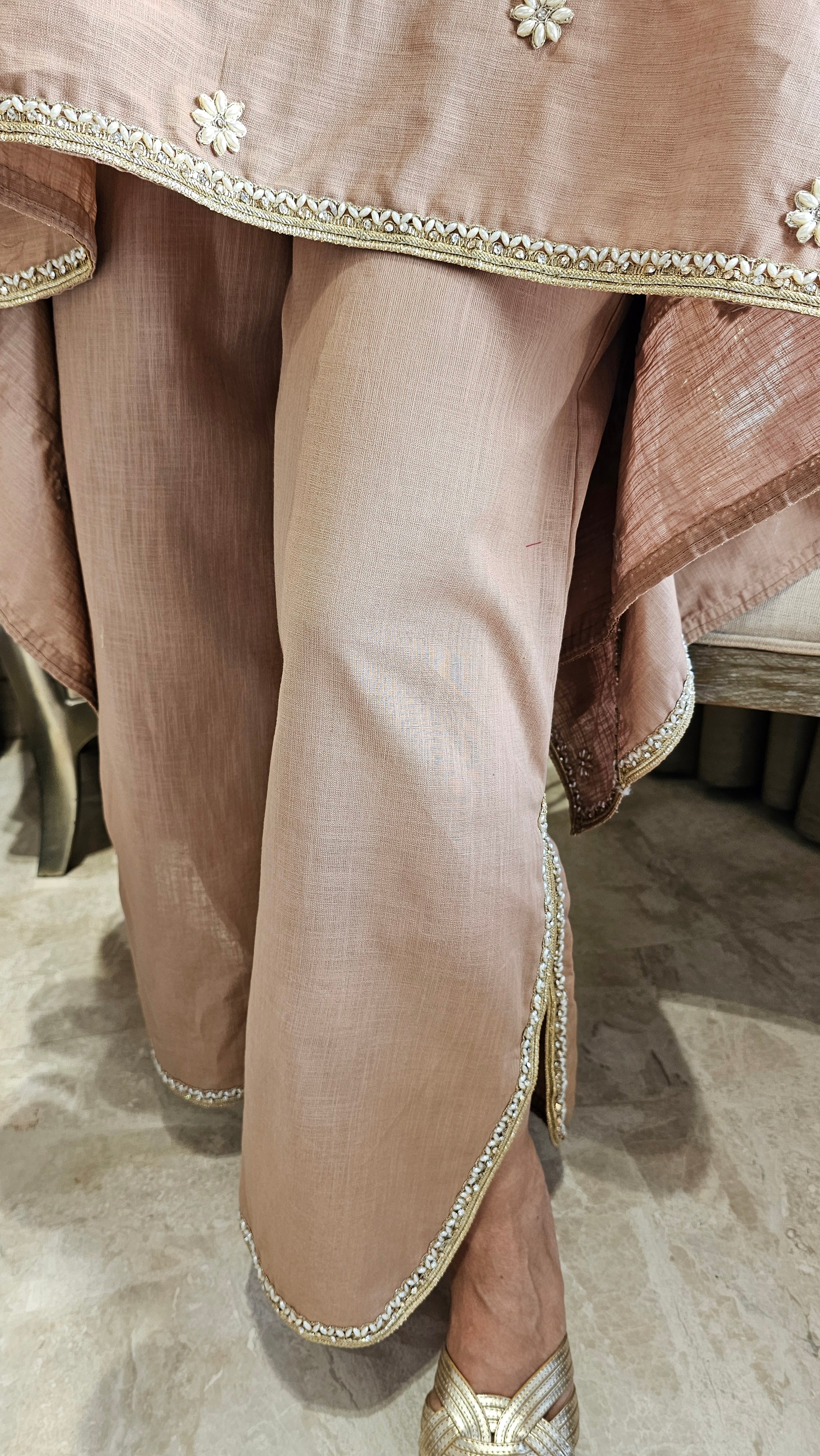Beautiful Linen Kaftan and Bottom with  Pearl, Swarovski & Zari Lace Work