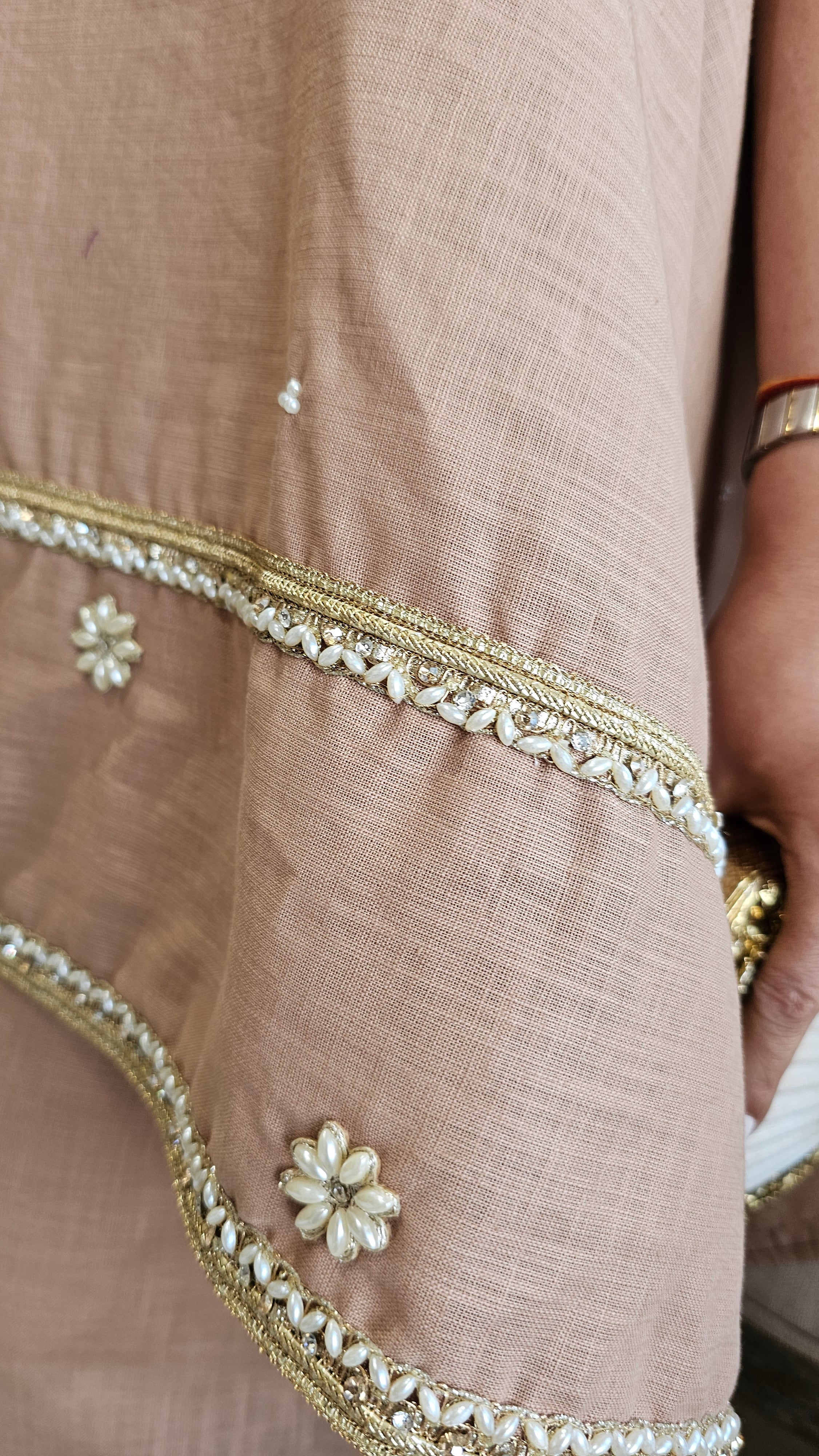 Beautiful Linen Kaftan and Bottom with  Pearl, Swarovski & Zari Lace Work
