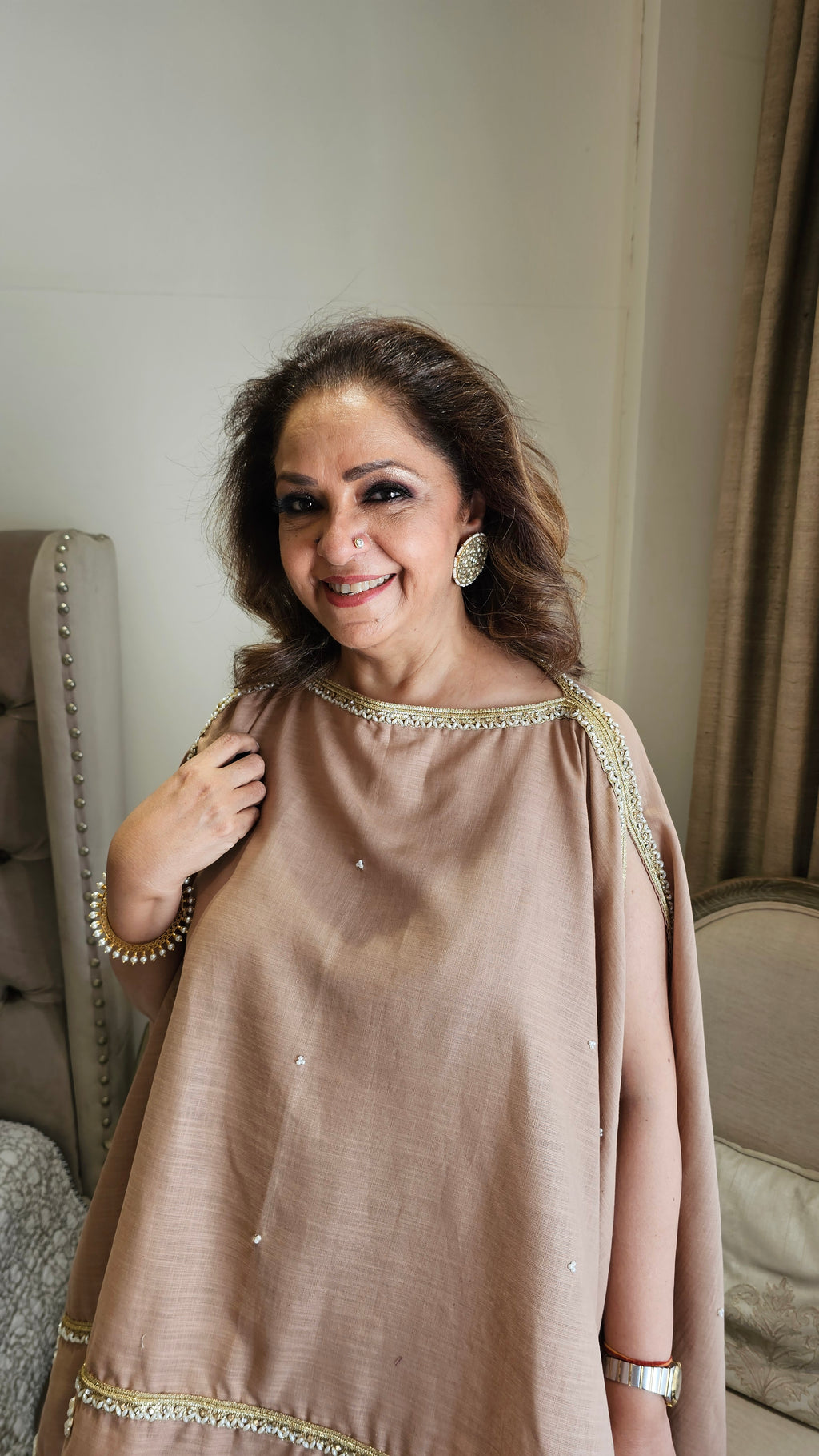 Beautiful Linen Kaftan and Bottom with  Pearl, Swarovski & Zari Lace Work