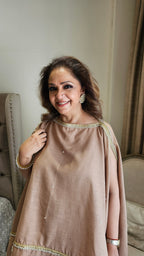 Beautiful Linen Kaftan and Bottom with  Pearl, Swarovski & Zari Lace Work