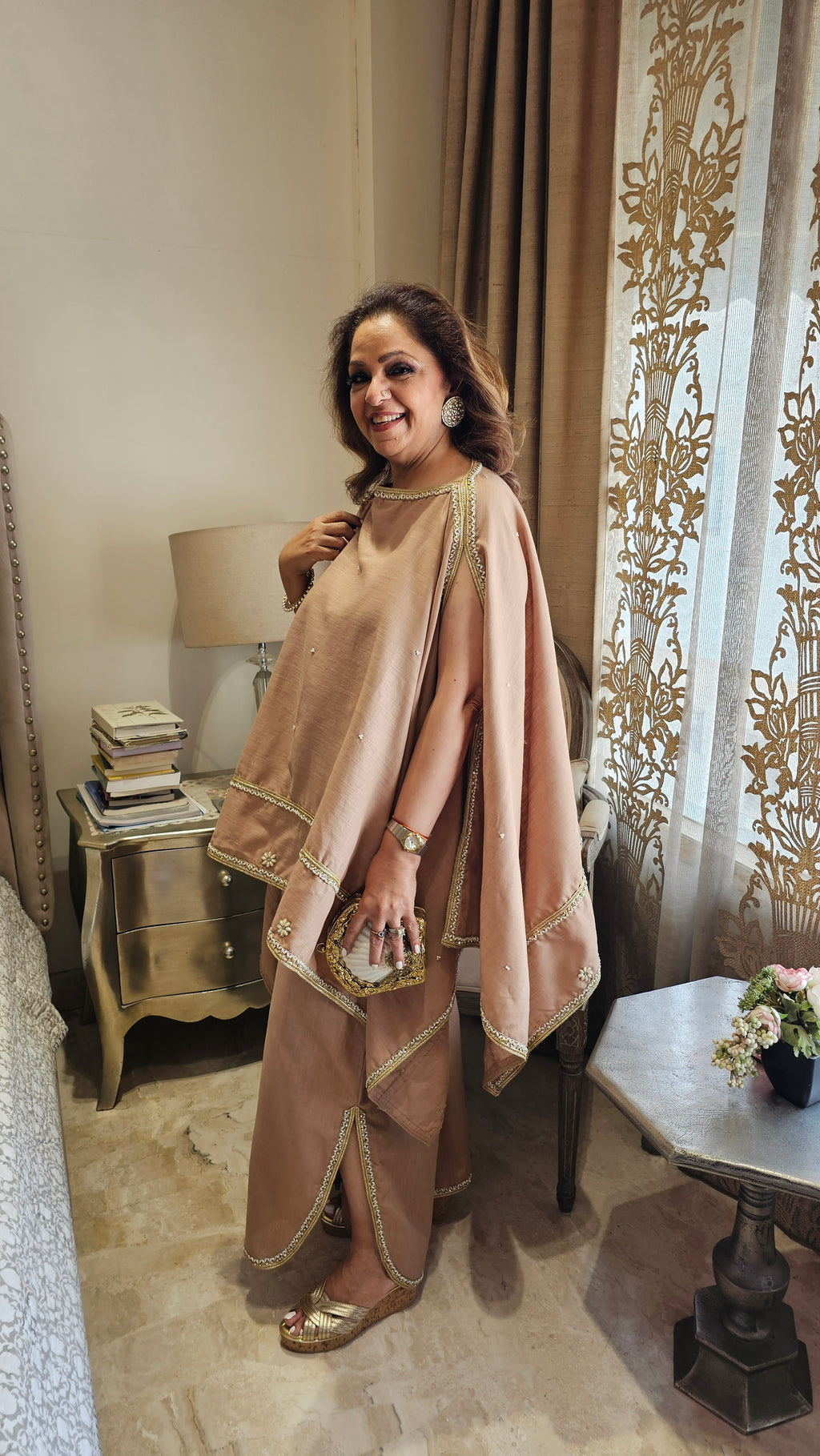 Beautiful Linen Kaftan and Bottom with  Pearl, Swarovski & Zari Lace Work