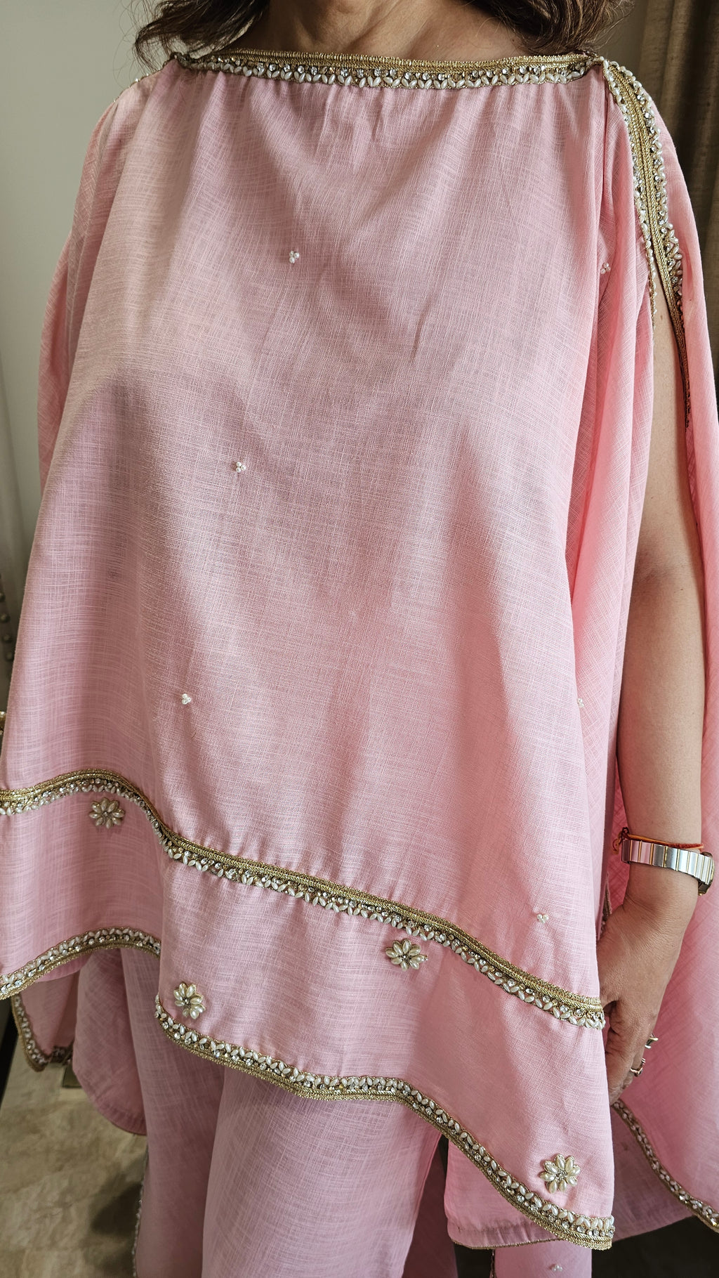 Beautiful Linen Kaftan and Bottom with  Pearl, Swarovski & Zari Lace Work