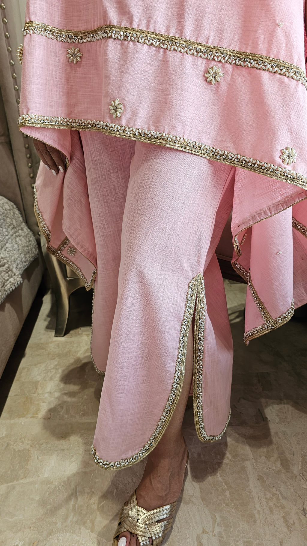 Beautiful Linen Kaftan and Bottom with  Pearl, Swarovski & Zari Lace Work