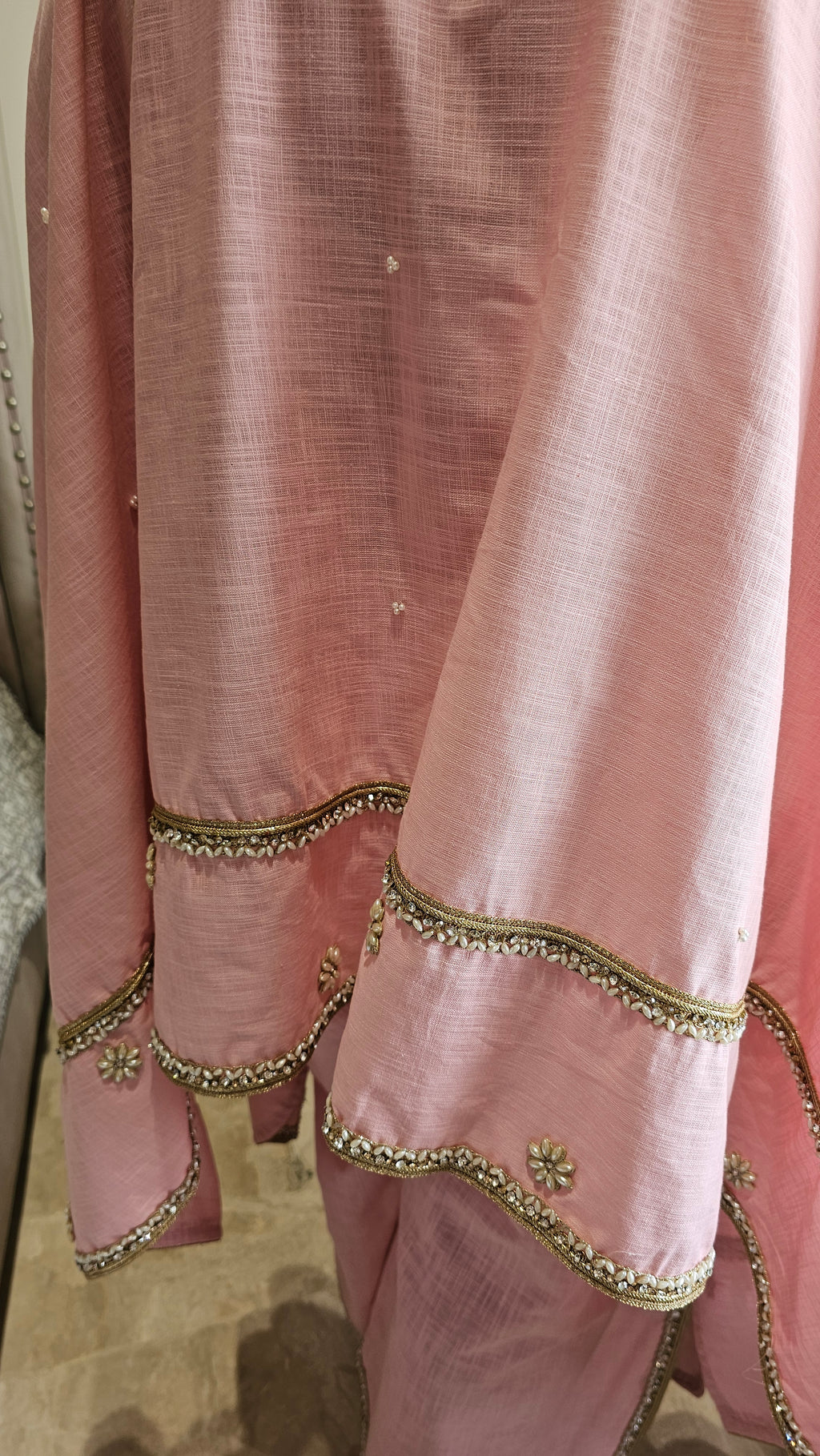 Beautiful Linen Kaftan and Bottom with  Pearl, Swarovski & Zari Lace Work