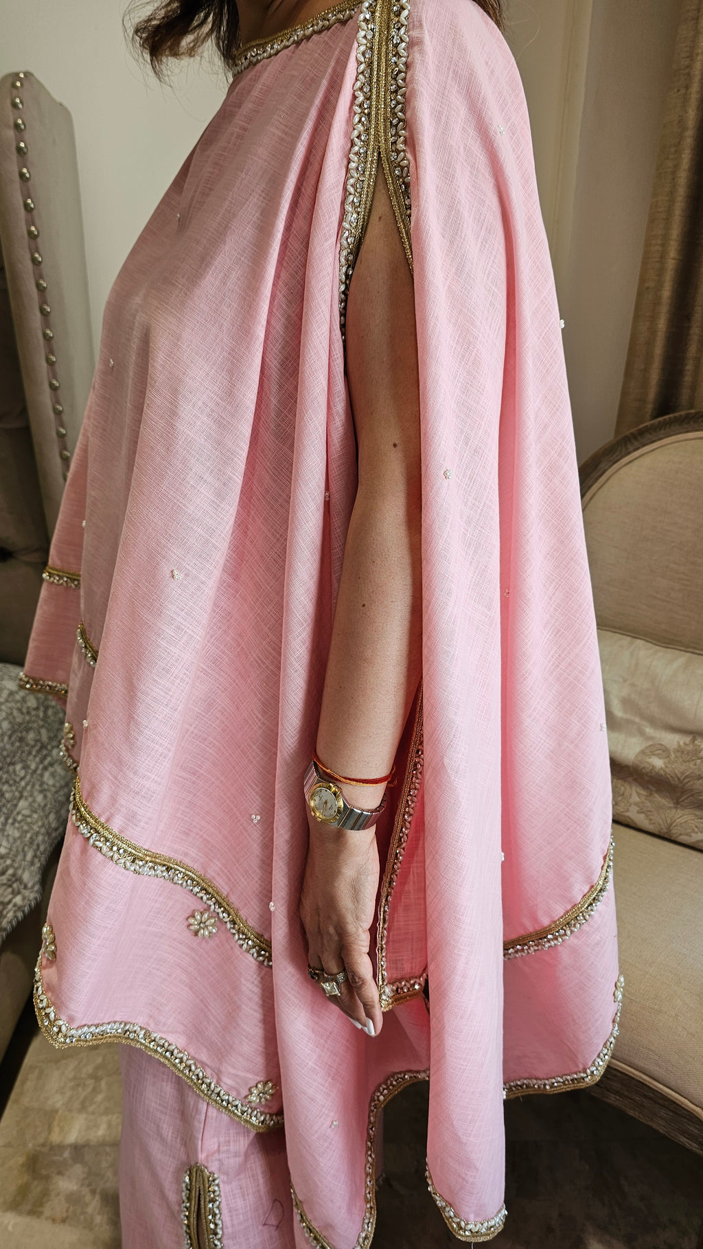 Beautiful Linen Kaftan and Bottom with  Pearl, Swarovski & Zari Lace Work