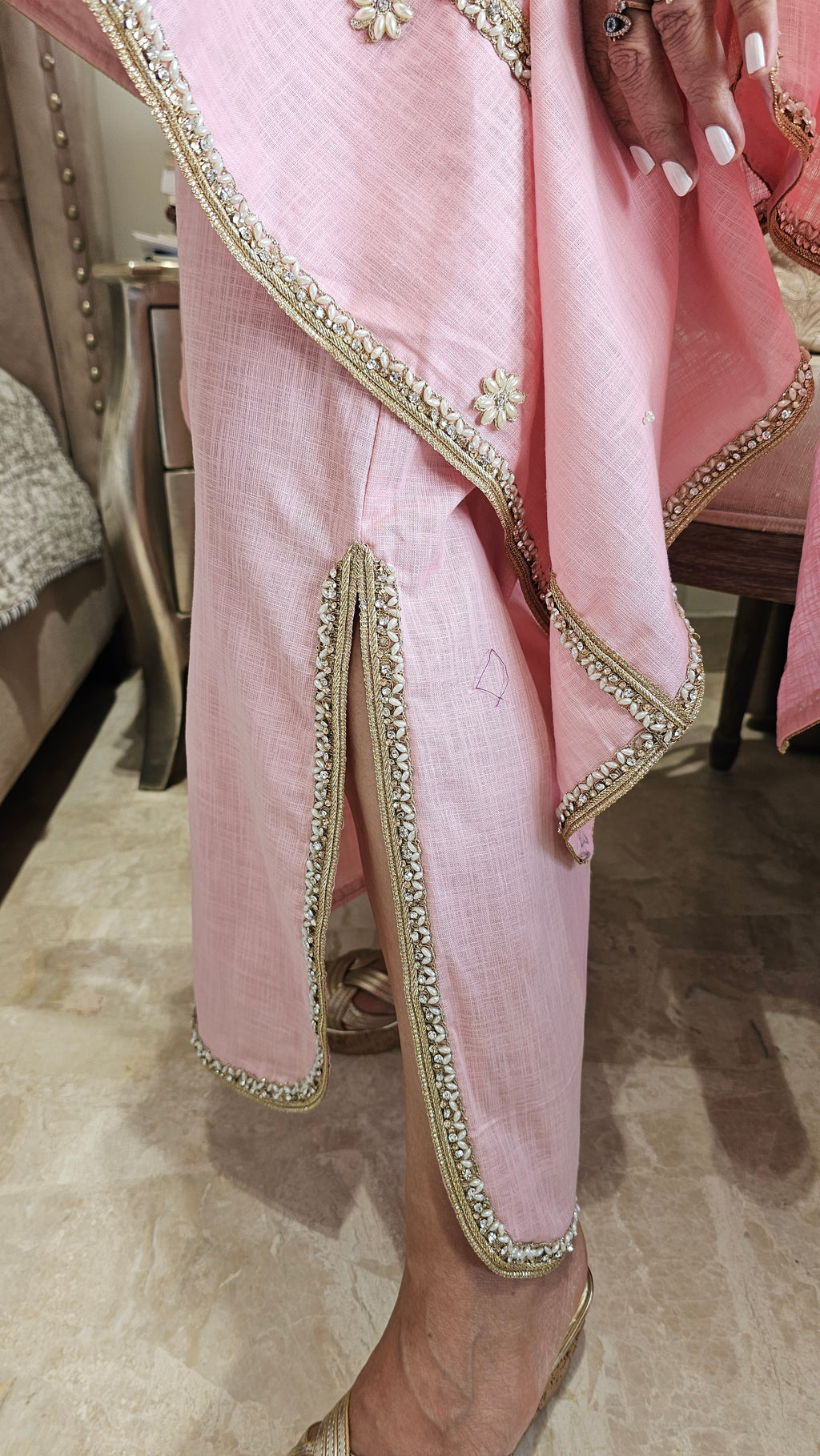 Beautiful Linen Kaftan and Bottom with  Pearl, Swarovski & Zari Lace Work