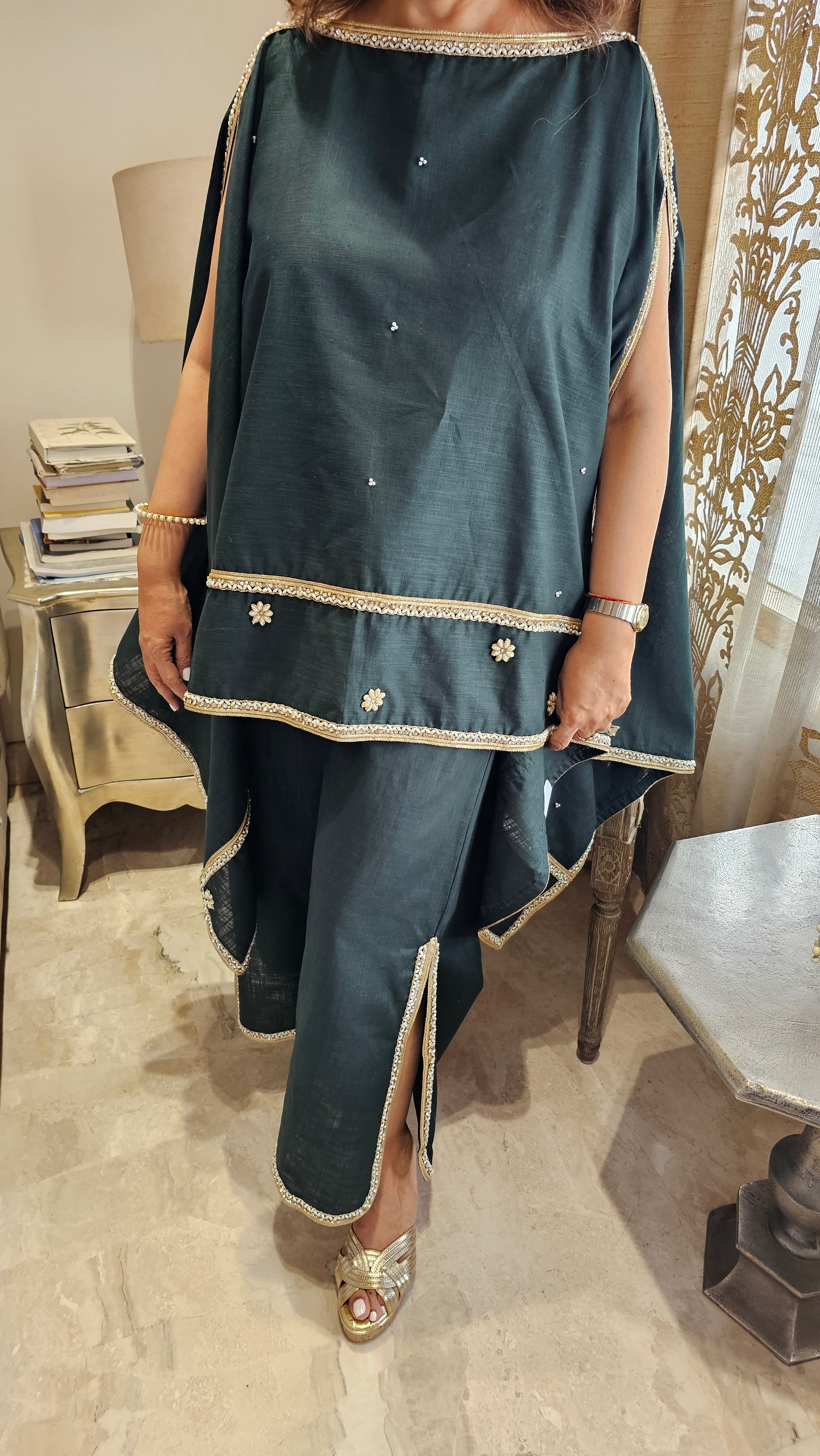 Beautiful Linen Kaftan and Bottom with  Pearl, Swarovski & Zari Lace Work
