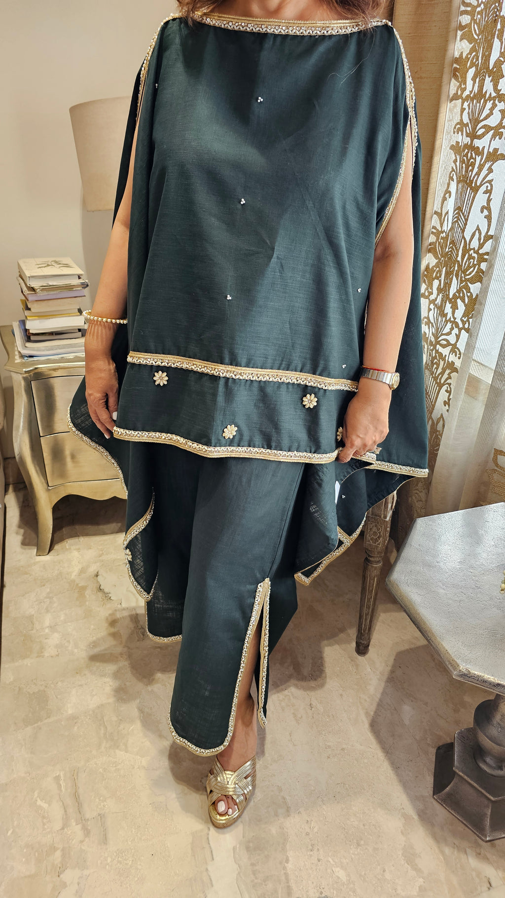 Beautiful Linen Kaftan and Bottom with  Pearl, Swarovski & Zari Lace Work