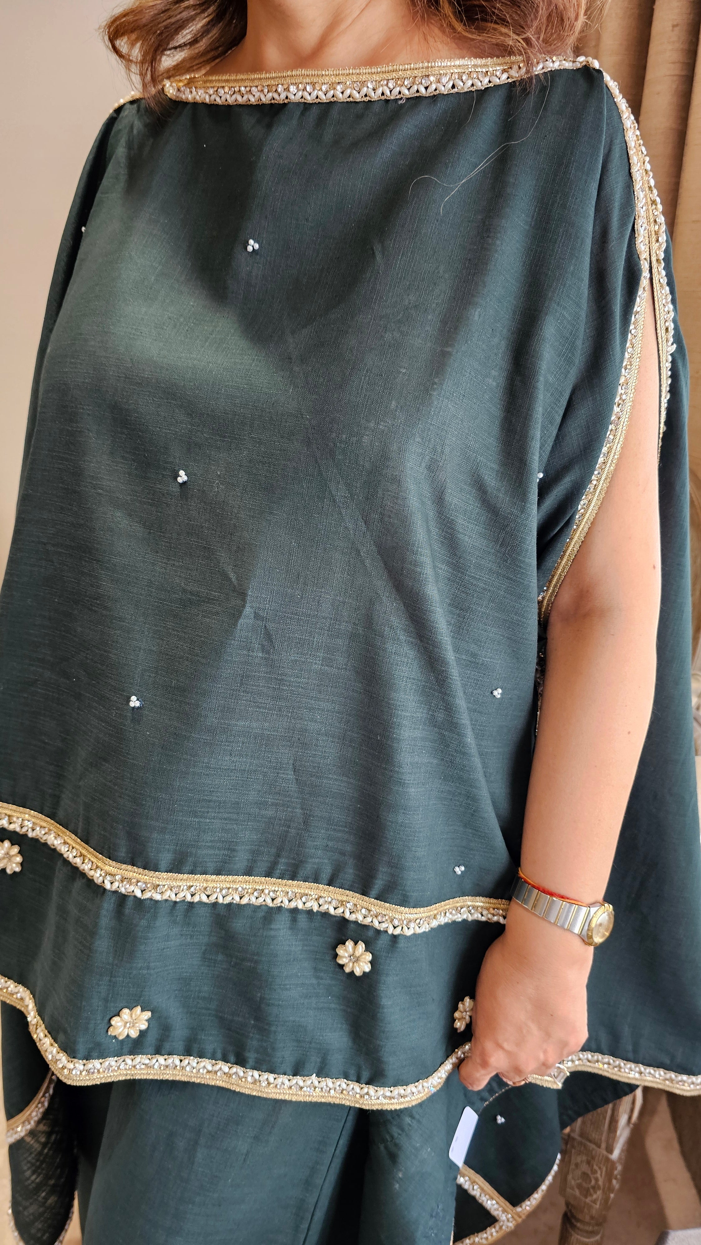 Beautiful Linen Kaftan and Bottom with  Pearl, Swarovski & Zari Lace Work