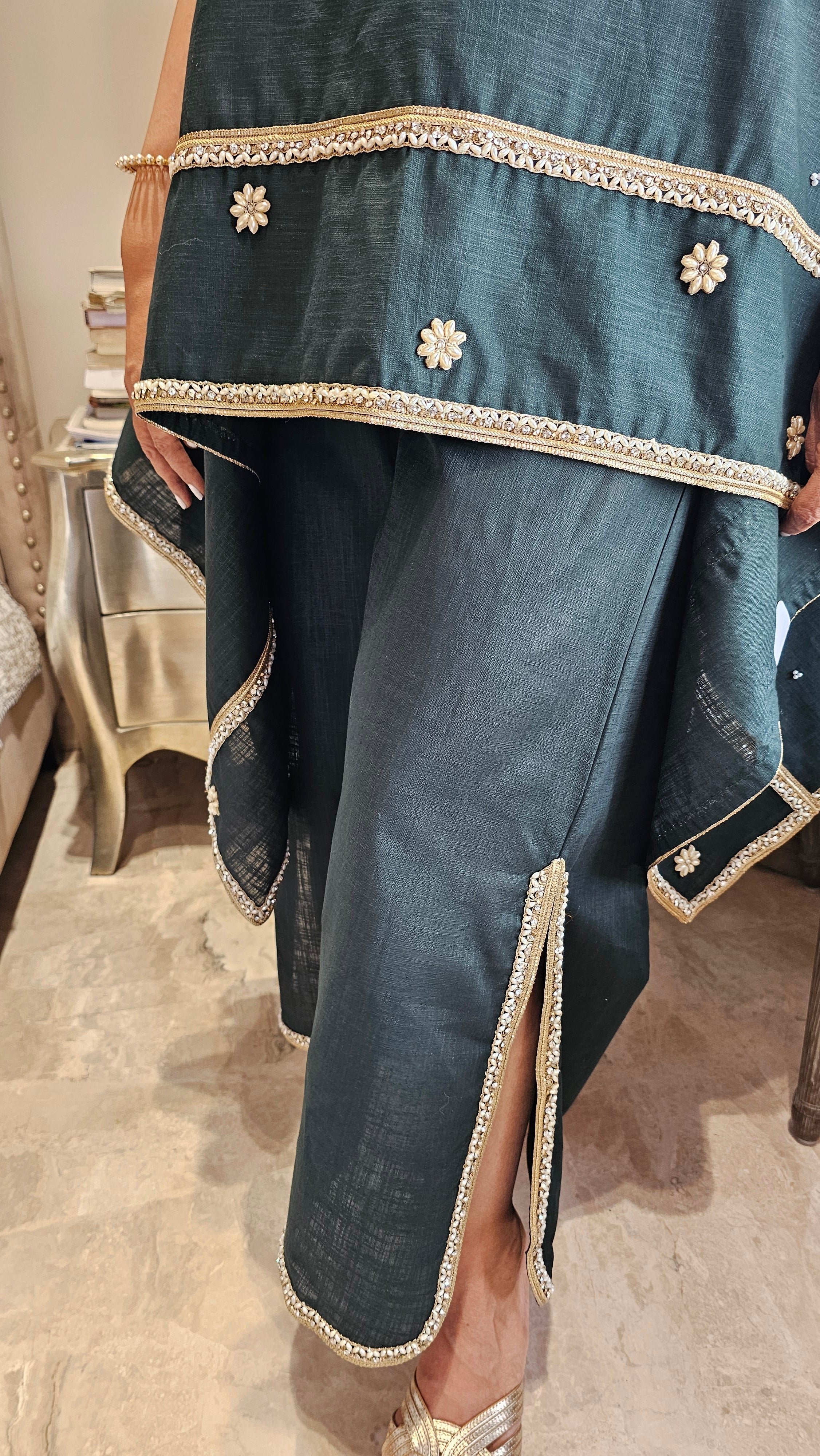 Beautiful Linen Kaftan and Bottom with  Pearl, Swarovski & Zari Lace Work