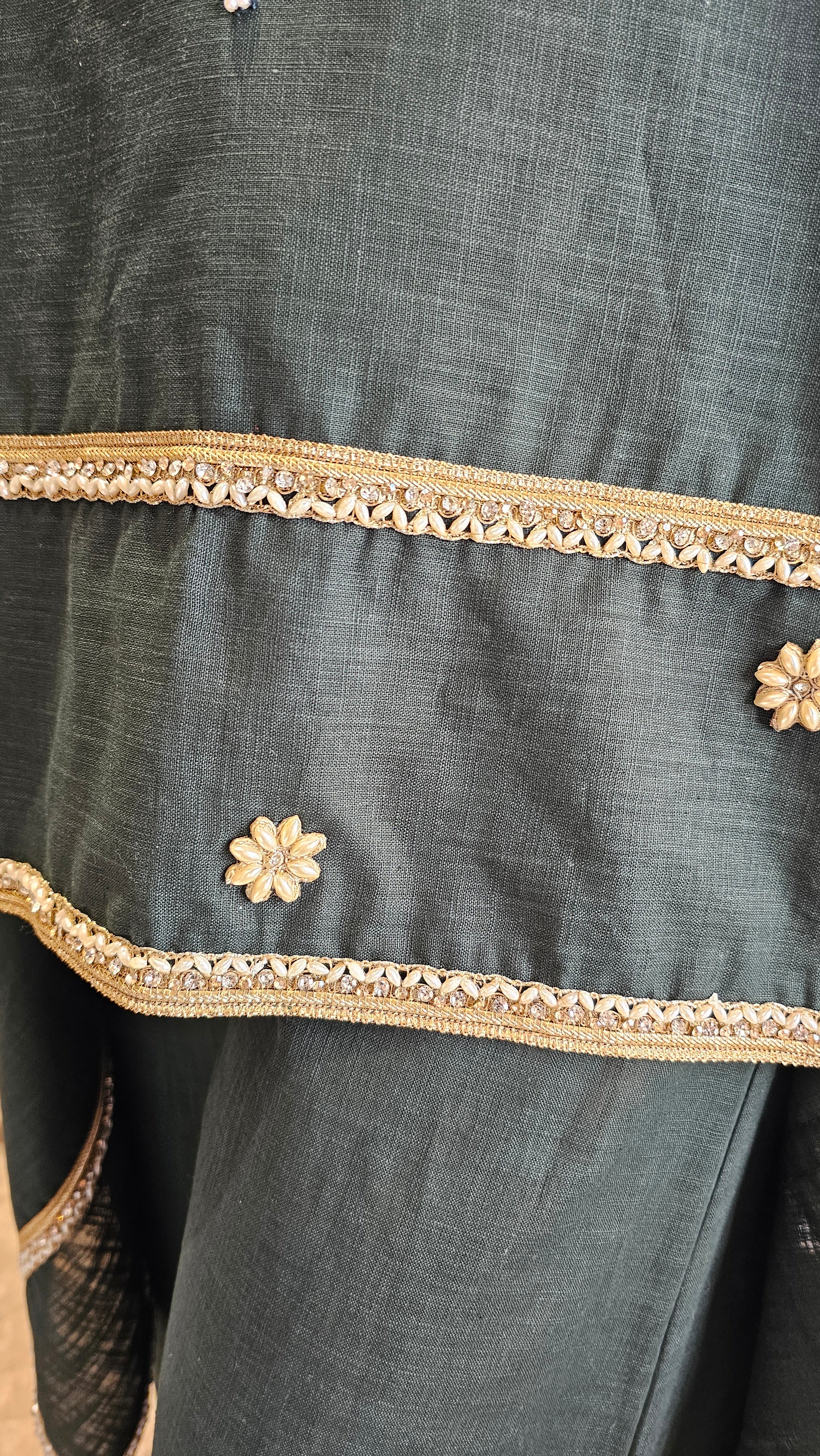 Beautiful Linen Kaftan and Bottom with  Pearl, Swarovski & Zari Lace Work