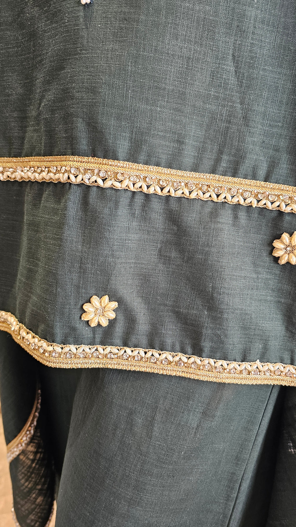 Beautiful Linen Kaftan and Bottom with  Pearl, Swarovski & Zari Lace Work