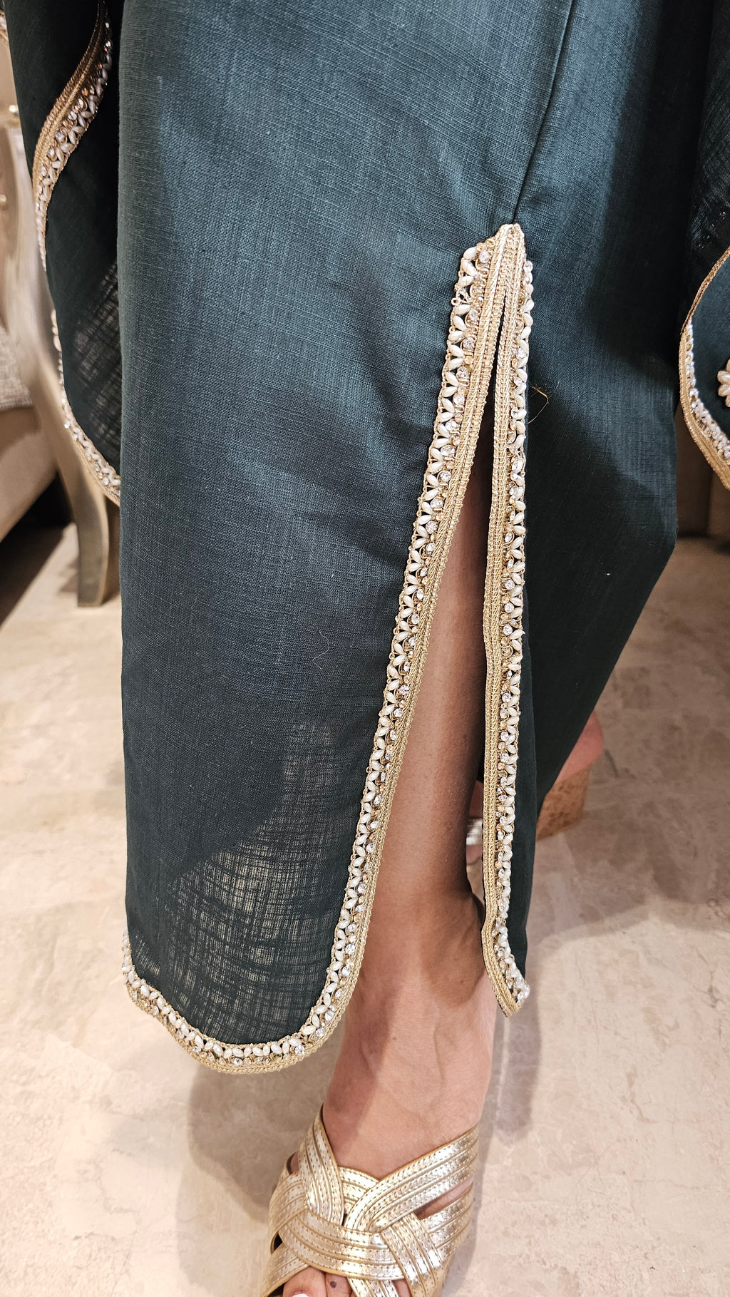 Beautiful Linen Kaftan and Bottom with  Pearl, Swarovski & Zari Lace Work