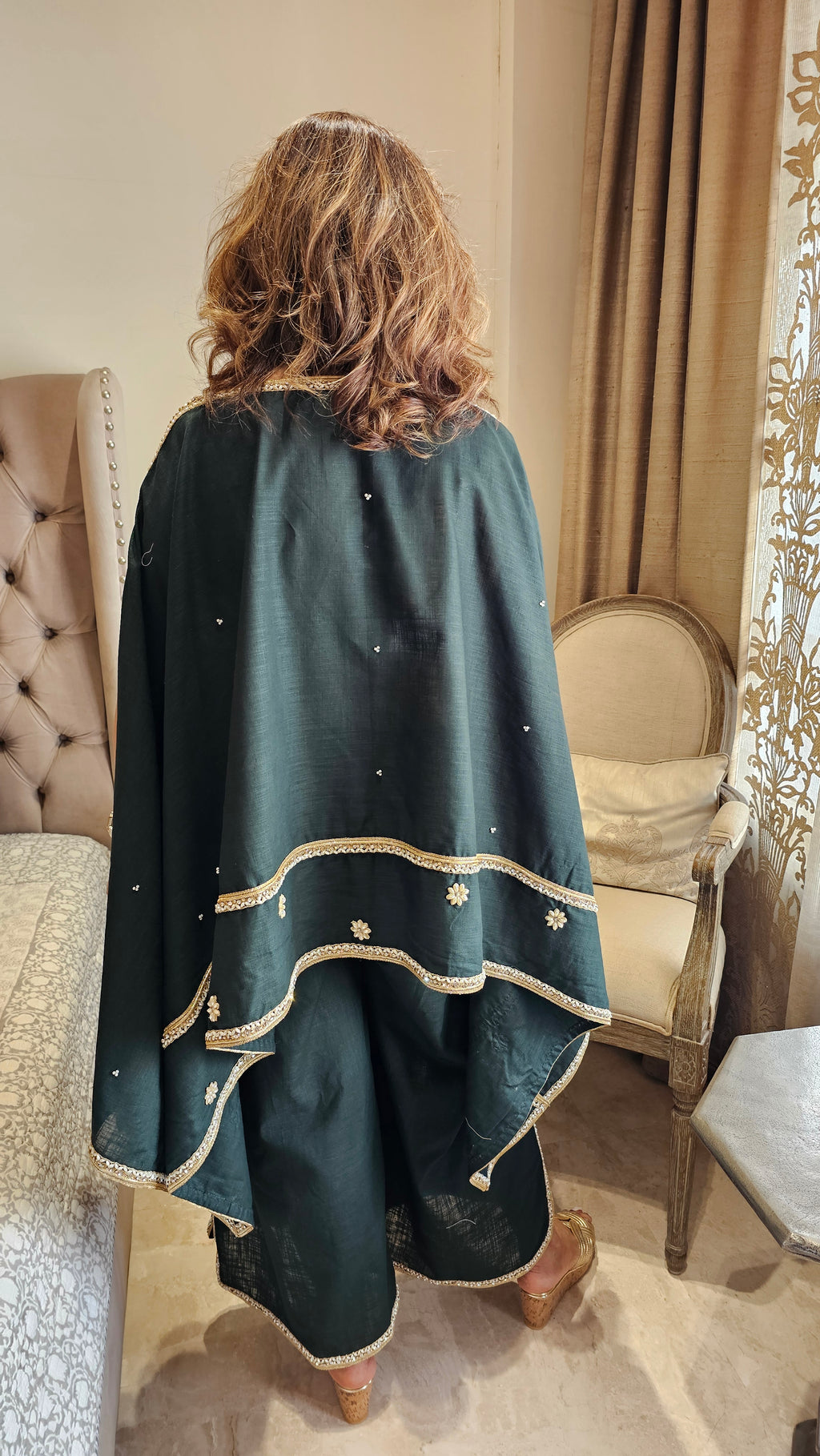 Beautiful Linen Kaftan and Bottom with  Pearl, Swarovski & Zari Lace Work