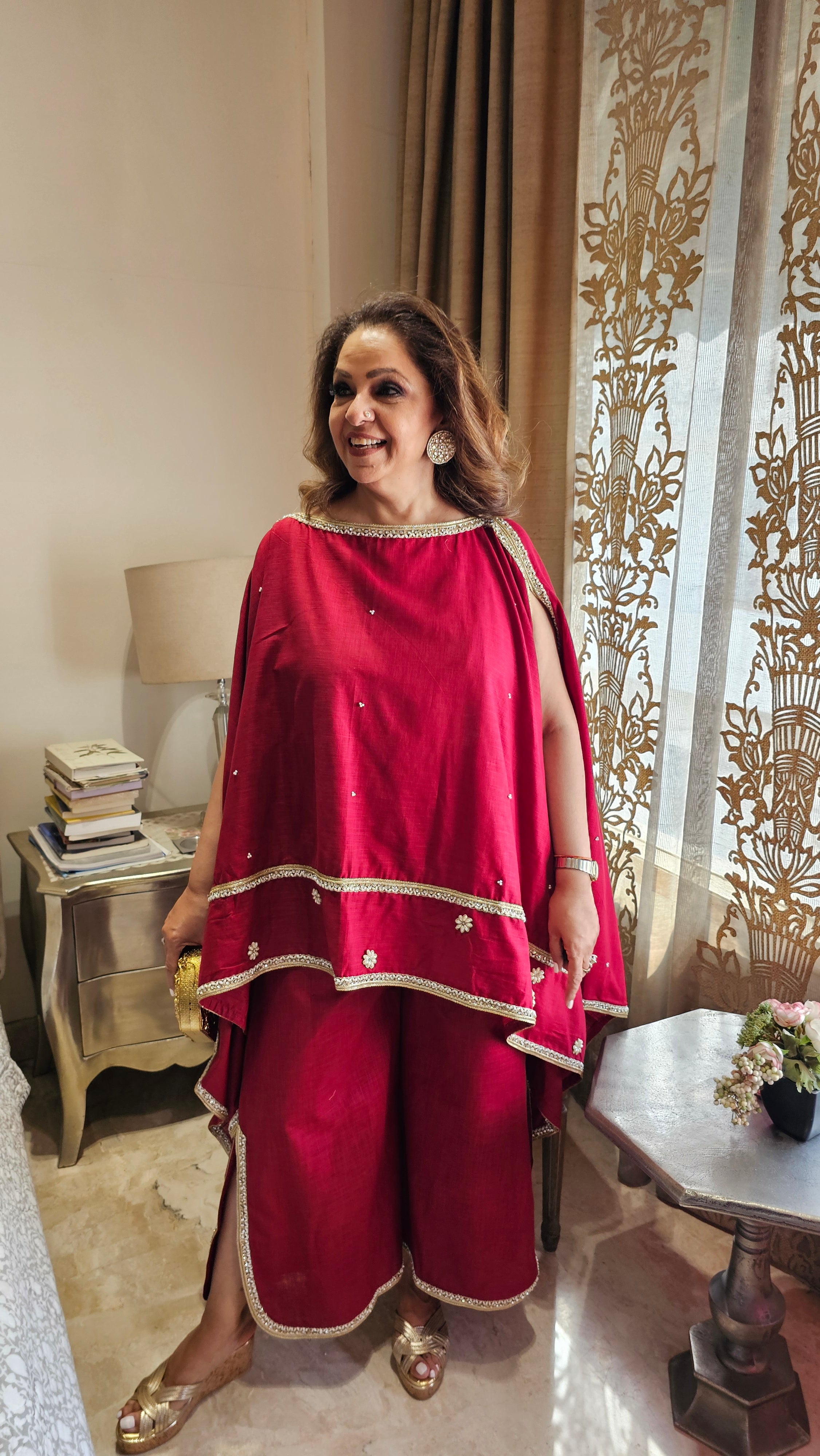 Beautiful Linen Kaftan and Bottom with  Pearl, Swarovski & Zari Lace Work